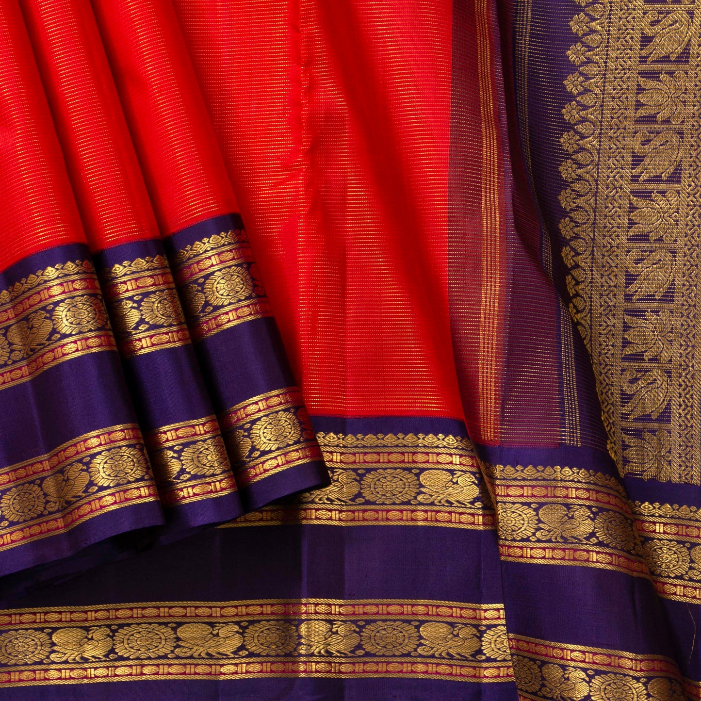 Red And Blue Kanchipuram Silk Saree Vaira Oosi For Wedding Wear PV J 1049