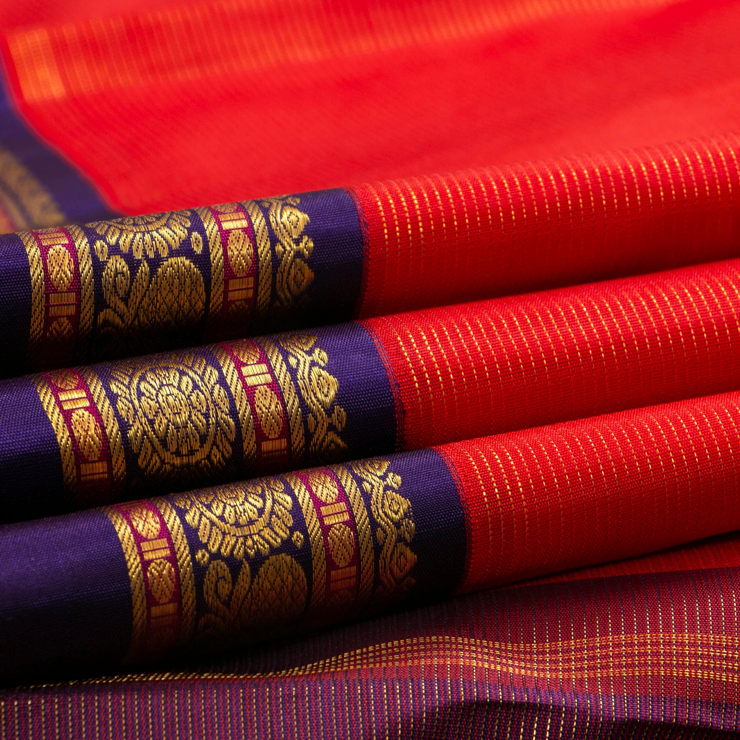 Red And Blue Kanchipuram Silk Saree Vaira Oosi For Wedding Wear PV J 1049