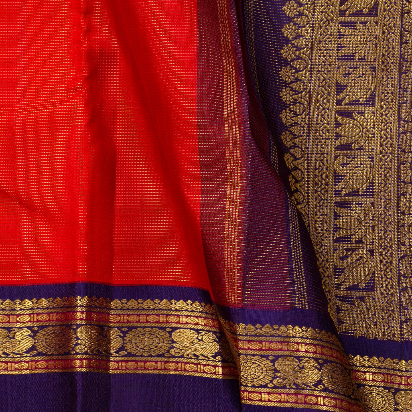 Red And Blue Kanchipuram Silk Saree Vaira Oosi For Wedding Wear PV J 1049