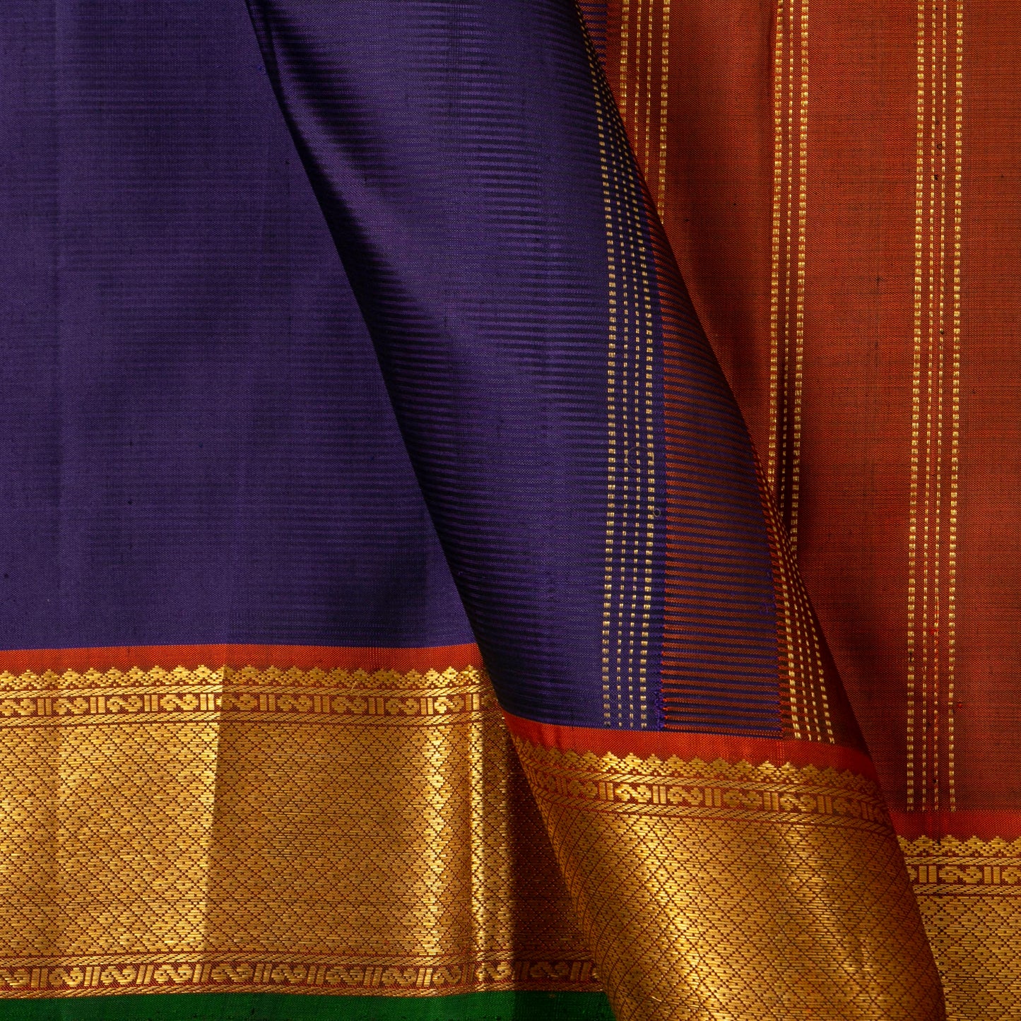 Navy Blue And Brown Kanchipuram Silk Saree For Festive Wear PV J 1799