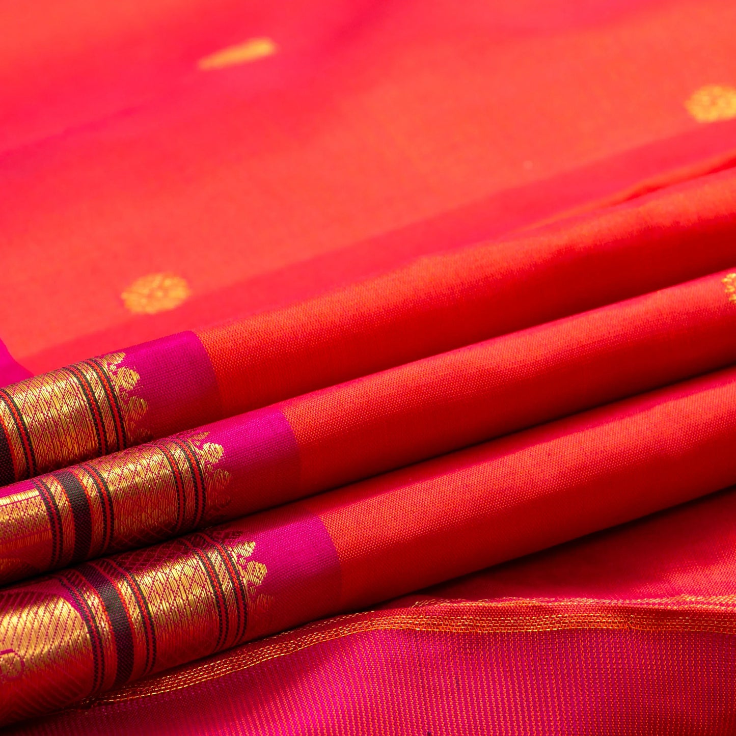 Orange And Pink Kanchipuram Silk Saree With Zari Buttas For Festive Wear PV J 954