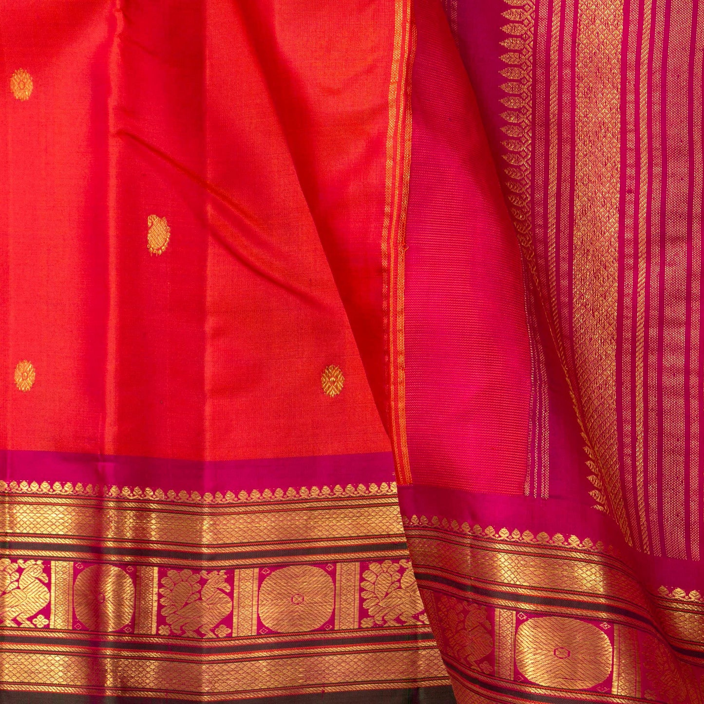 Orange And Pink Kanchipuram Silk Saree With Zari Buttas For Festive Wear PV J 954