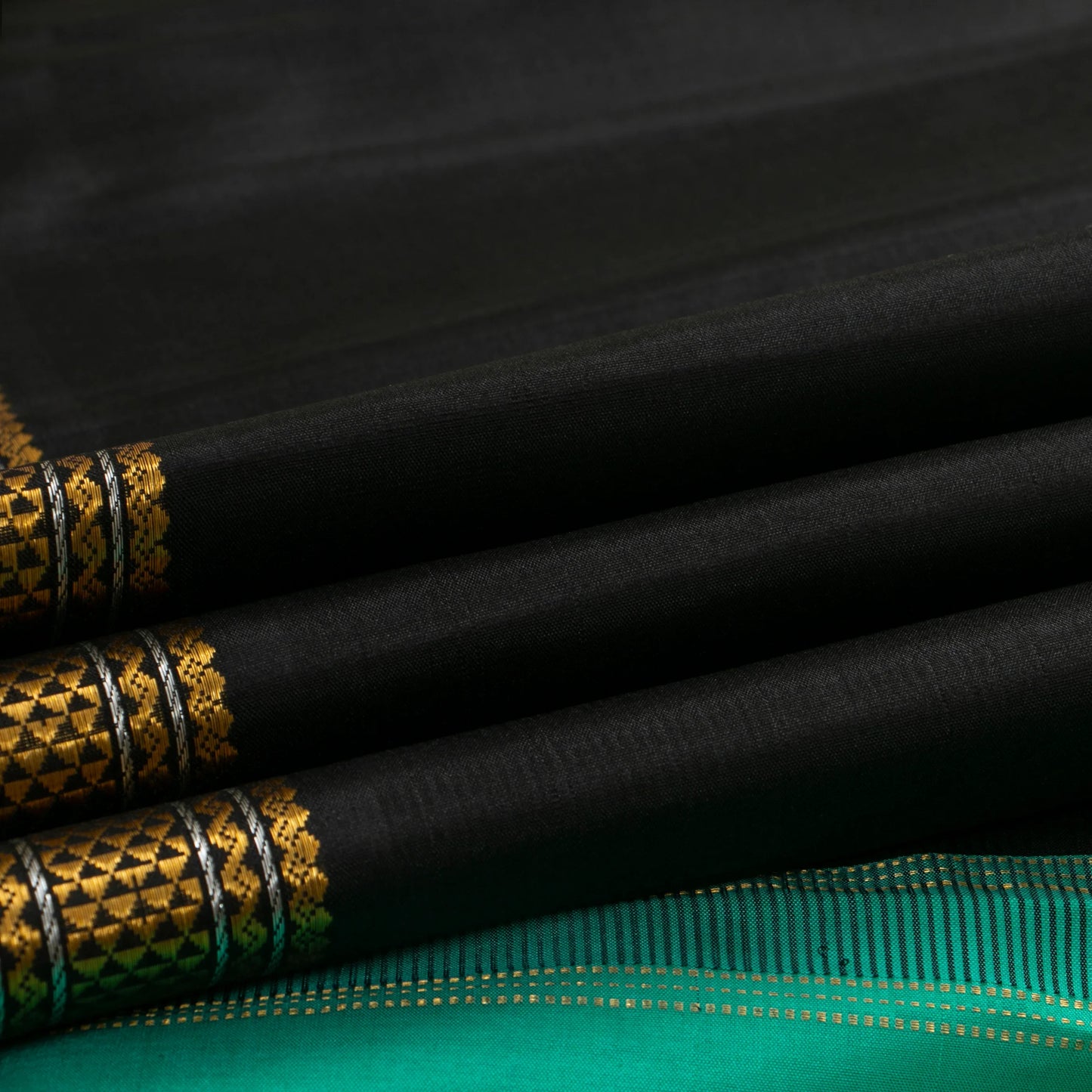 Black And Sea Green Kanchipuram Silk Saree For Festive Wear PV J 1790