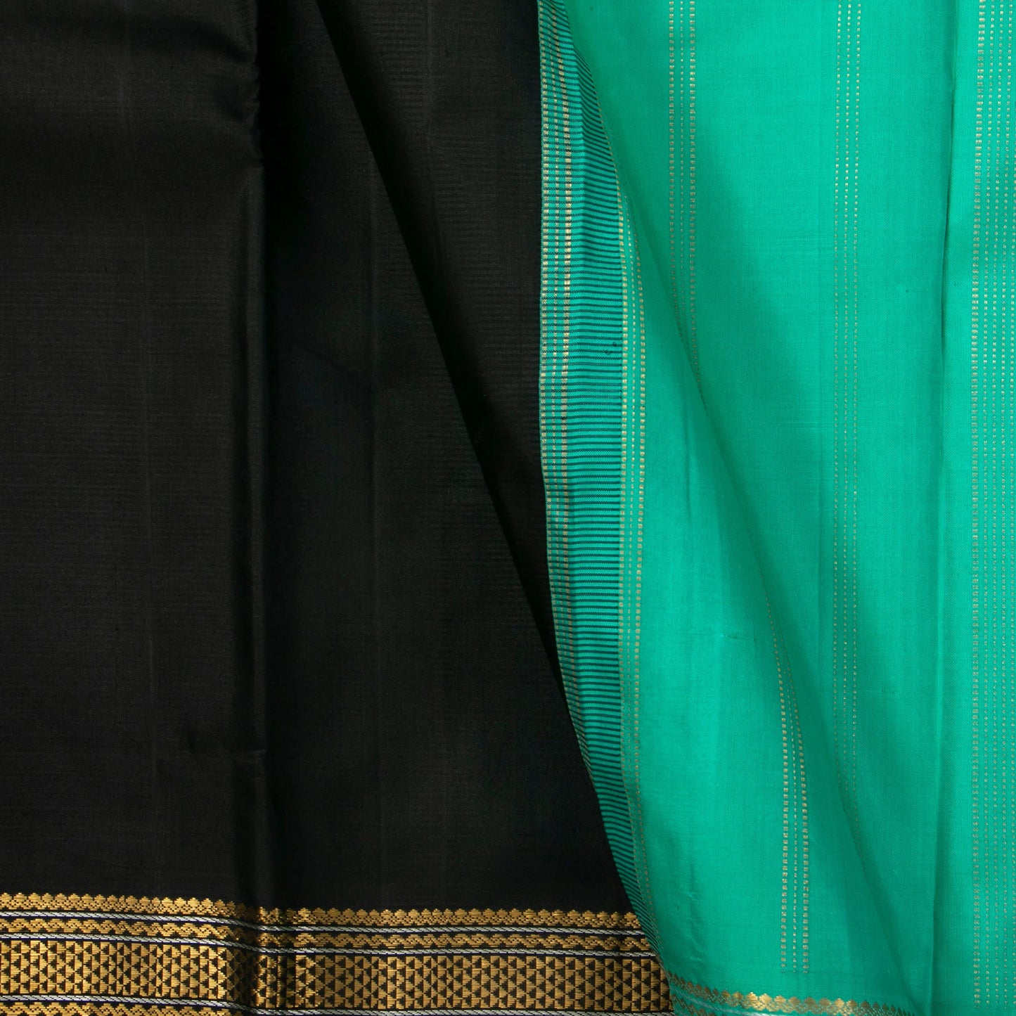 Black And Sea Green Kanchipuram Silk Saree For Festive Wear PV J 1790