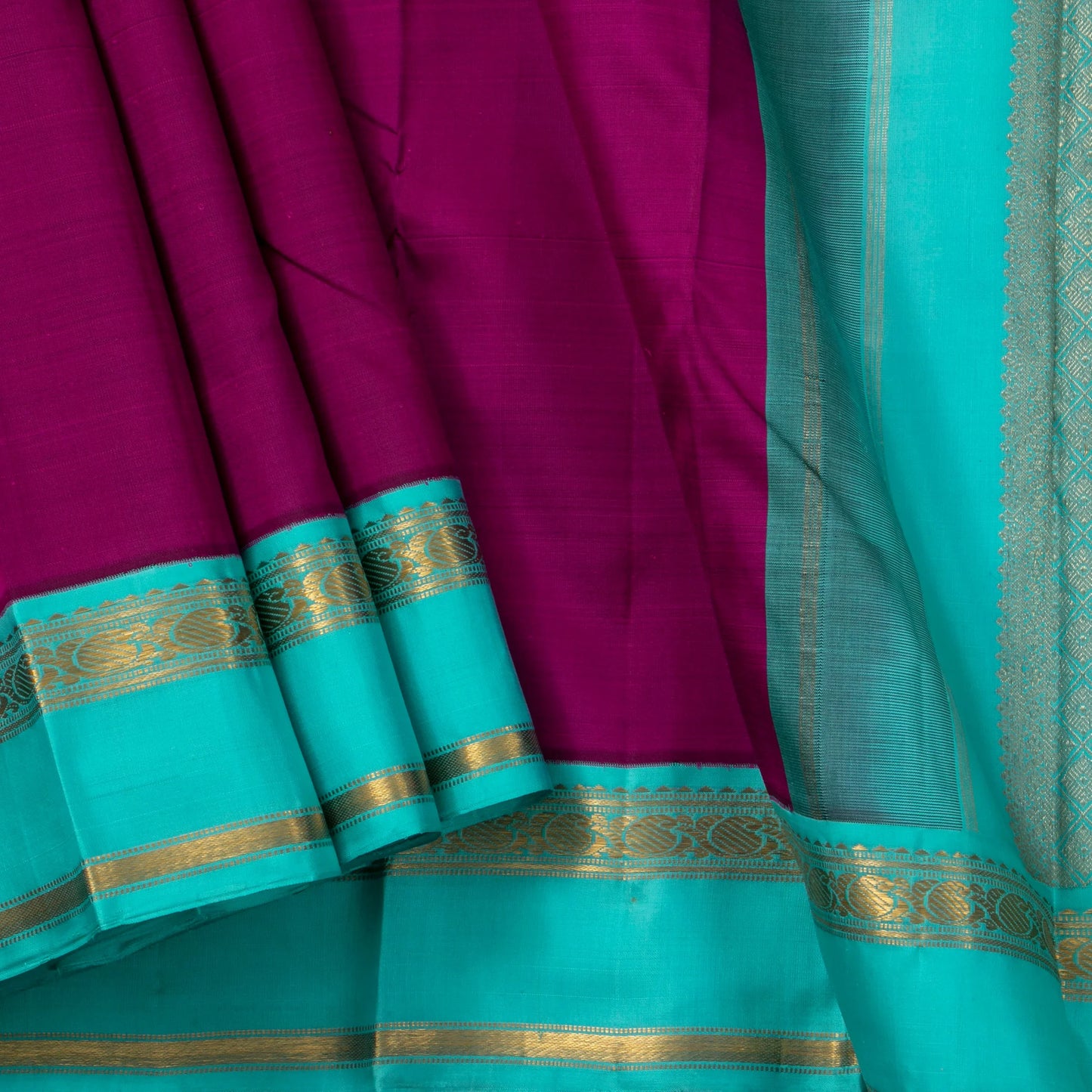 Magenta And Anandha Blue Kanchipuram Silk Saree For Festive Wear PV J 1784