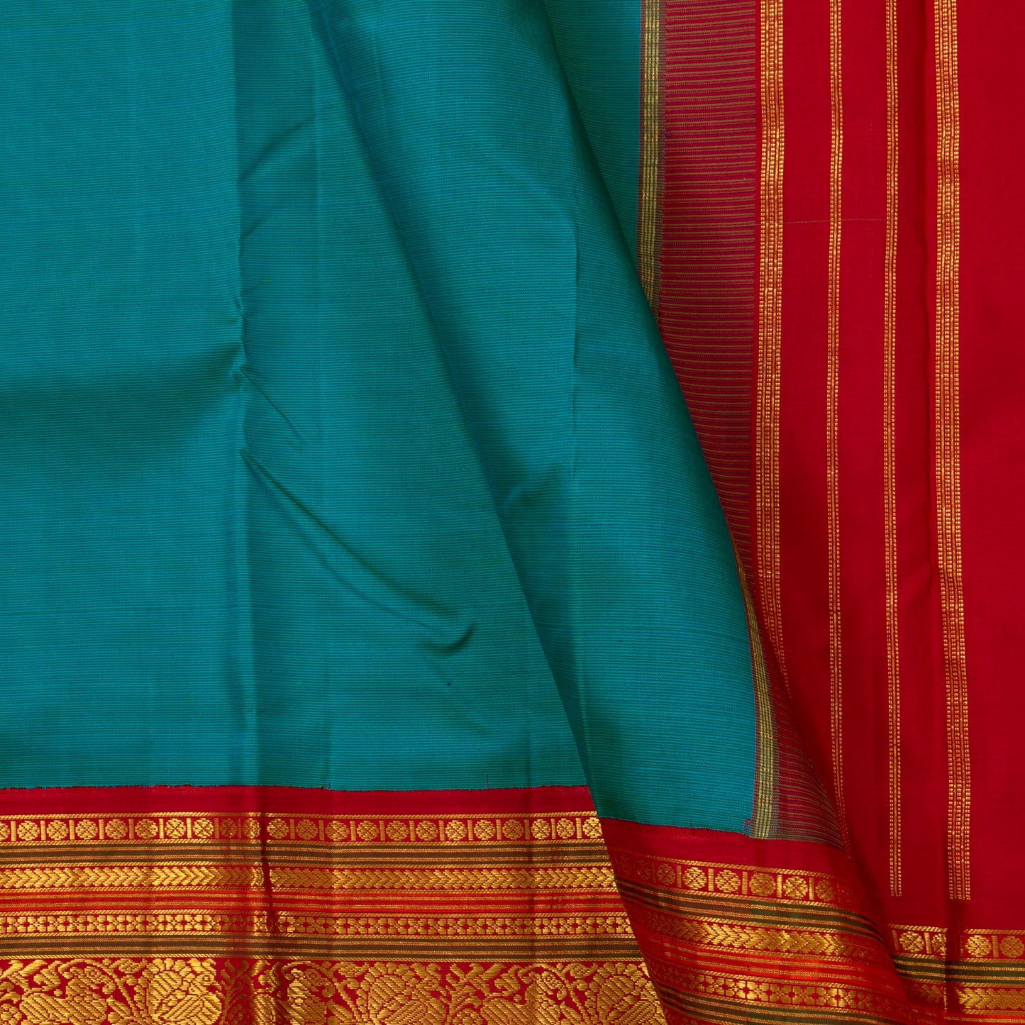 Blue And Red Kanchipuram Silk Saree For Festive Wear PV J 1067