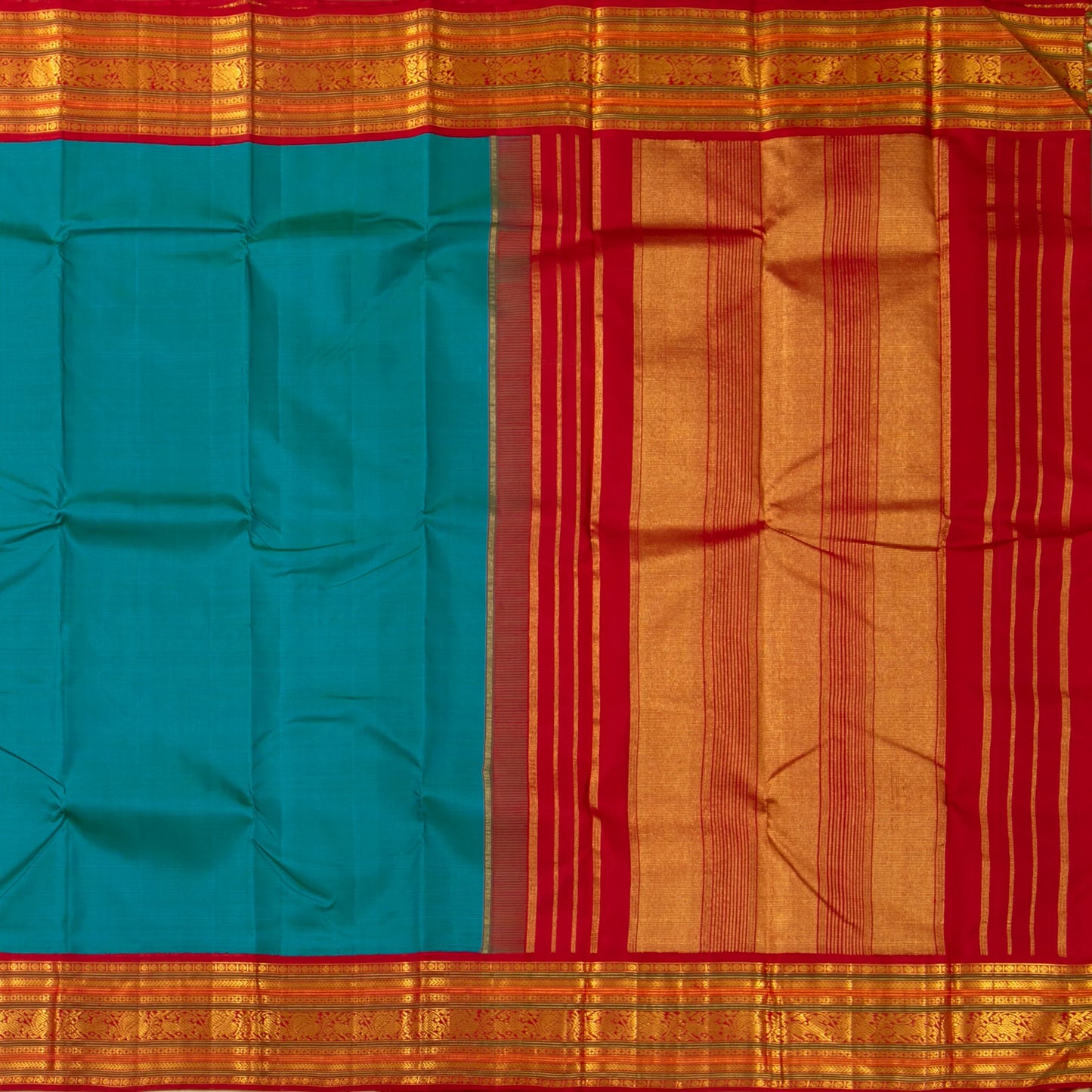 Blue And Red Kanchipuram Silk Saree For Festive Wear PV J 1067