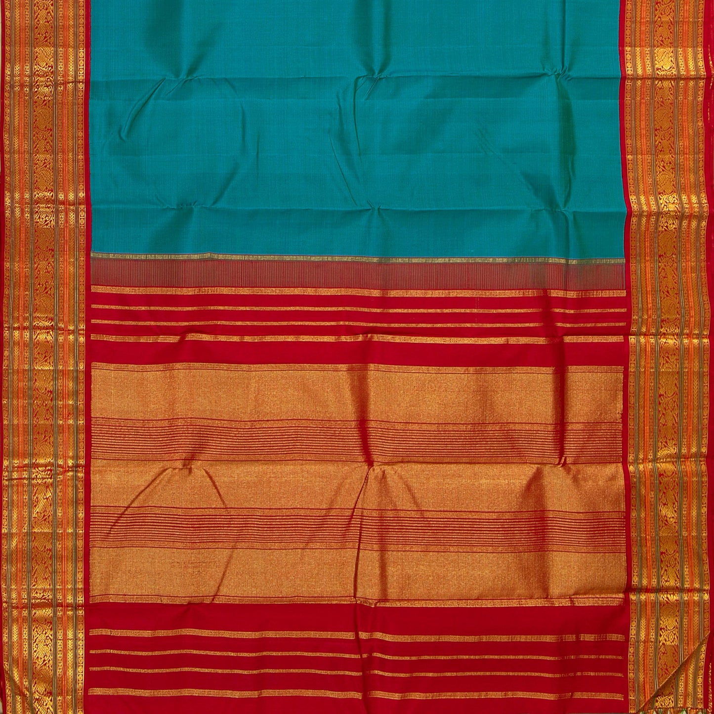 Blue And Red Kanchipuram Silk Saree For Festive Wear PV J 1067