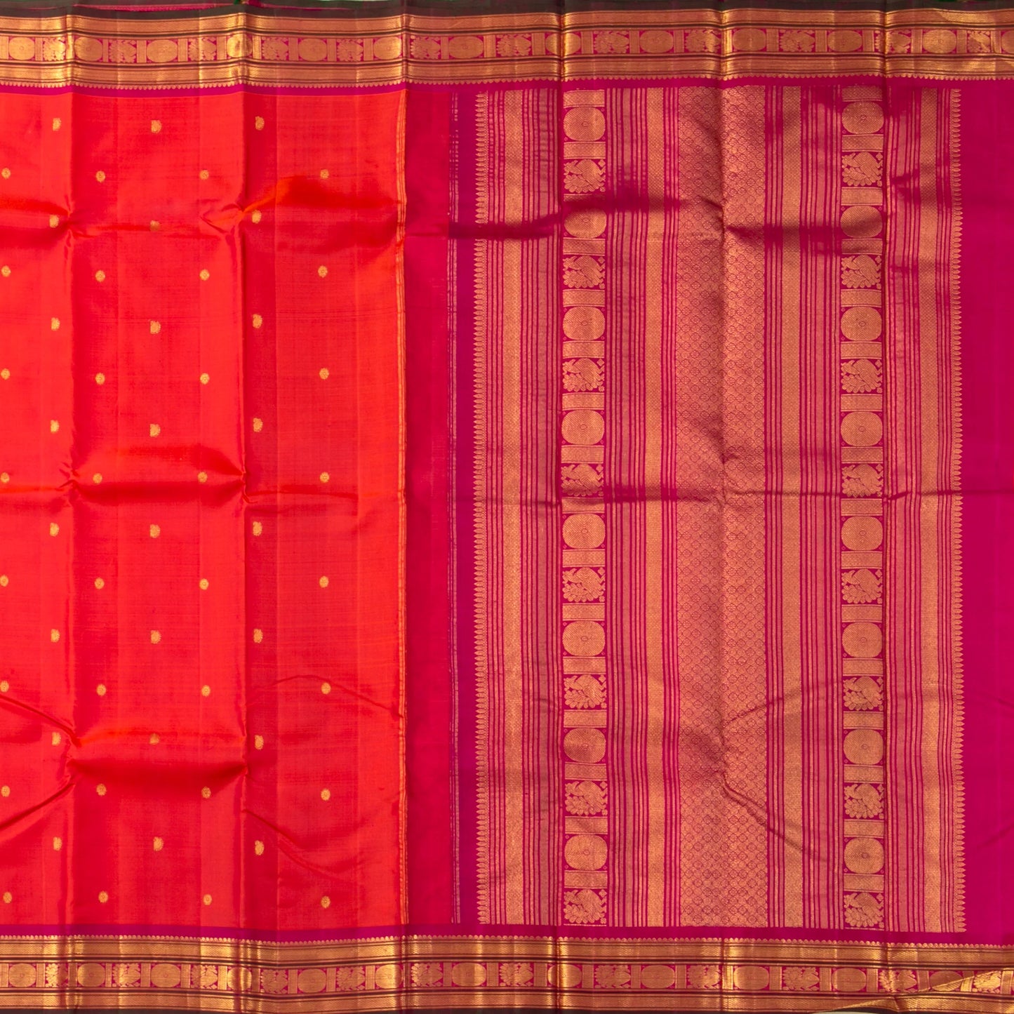 Orange And Pink Kanchipuram Silk Saree With Zari Buttas For Festive Wear PV J 954