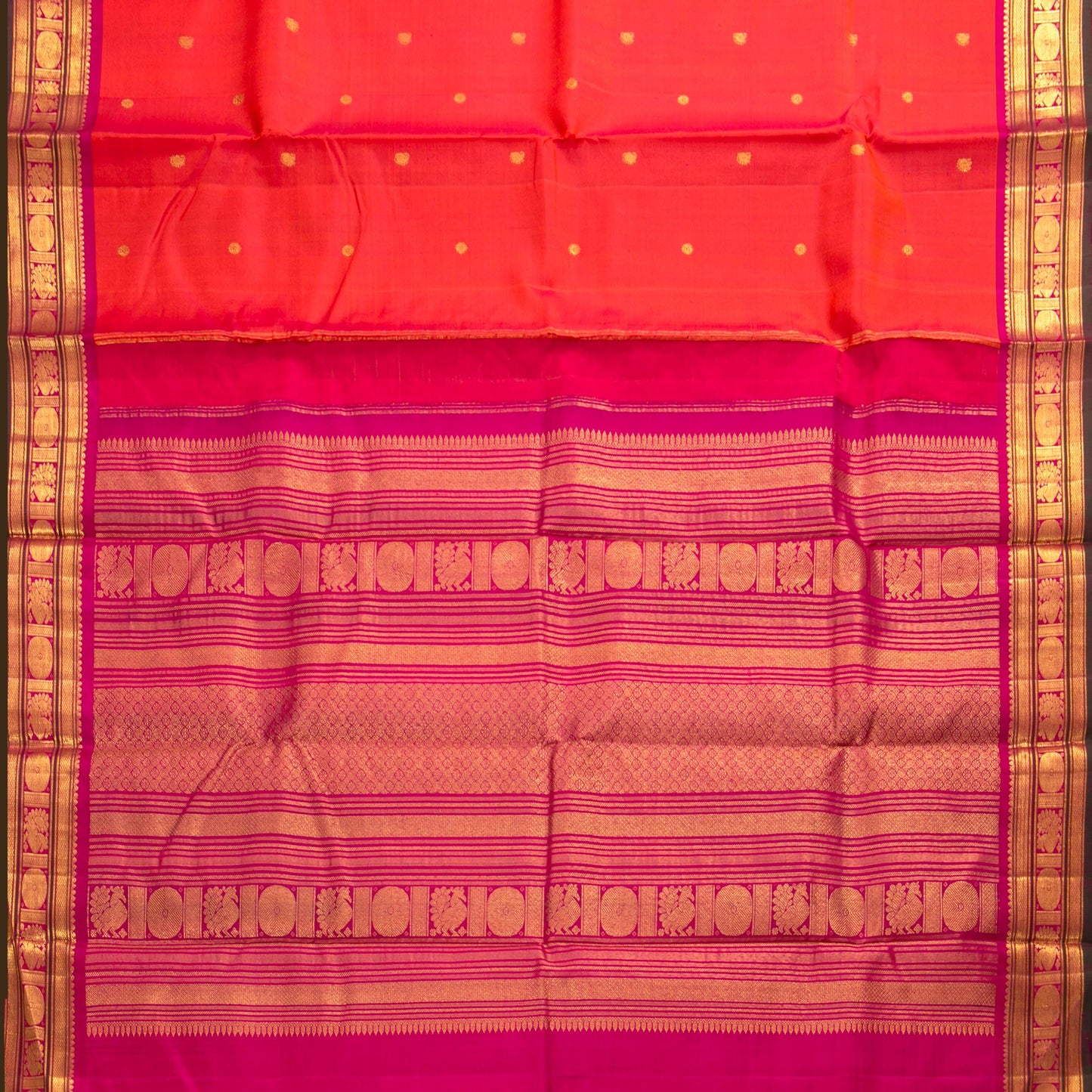 Orange And Pink Kanchipuram Silk Saree With Zari Buttas For Festive Wear PV J 954