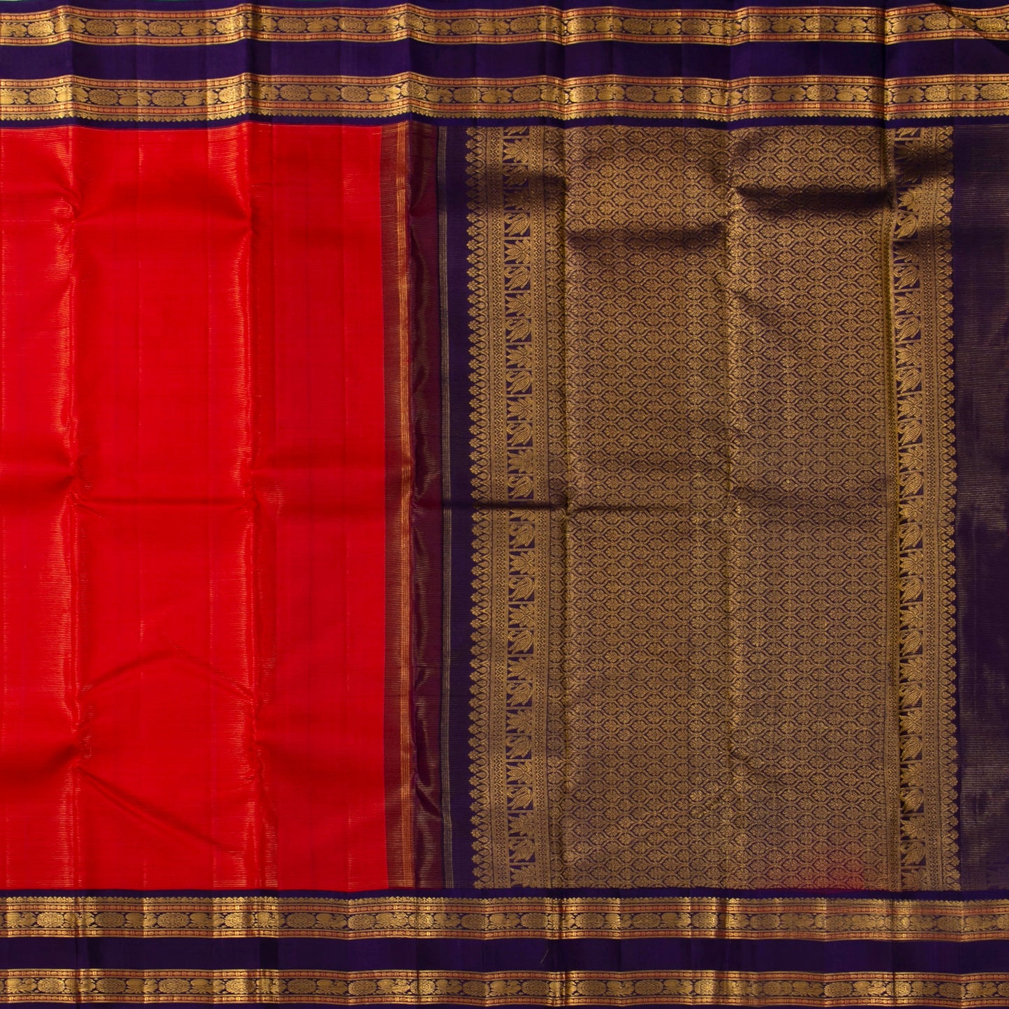 Red And Blue Kanchipuram Silk Saree Vaira Oosi For Wedding Wear PV J 1049