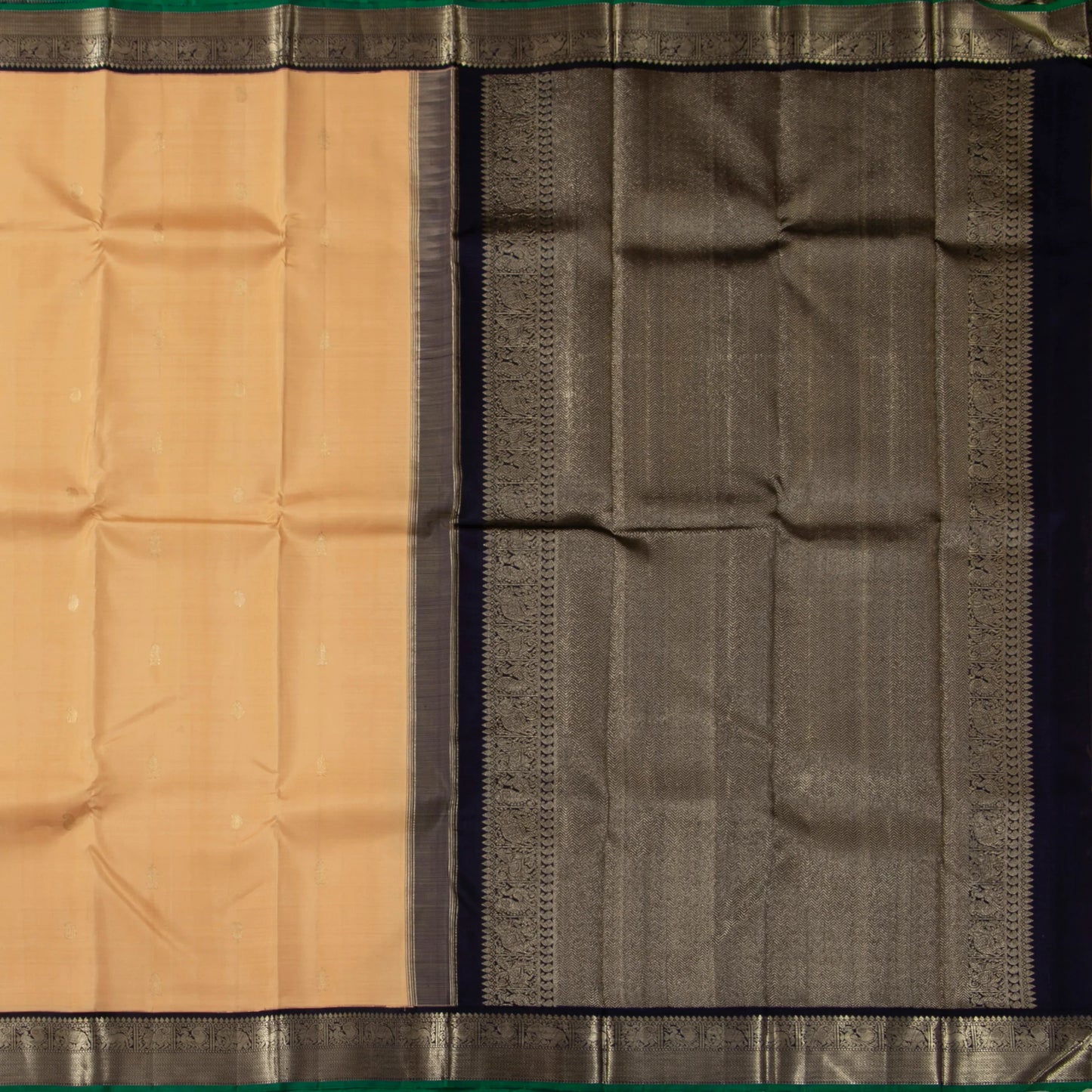 Pastel Peach And Black Kanchipuram Silk Saree For Festive Wear PV J 303