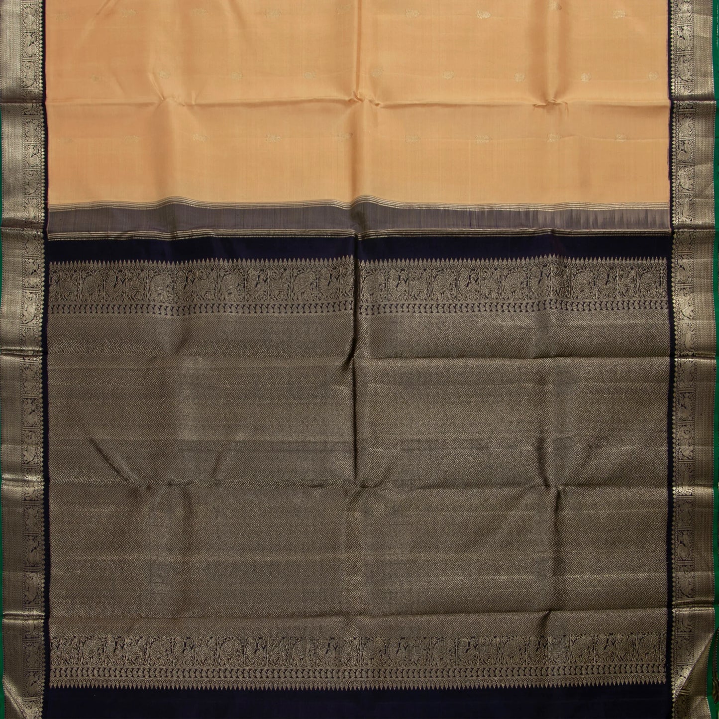 Pastel Peach And Black Kanchipuram Silk Saree For Festive Wear PV J 303
