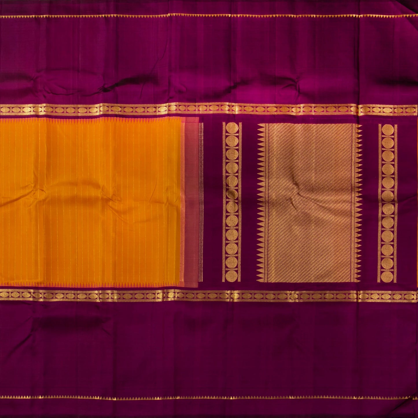 Mustard Yellow And Magenta Kanchipuram Silk Saree For Festive Wear PV J 1249