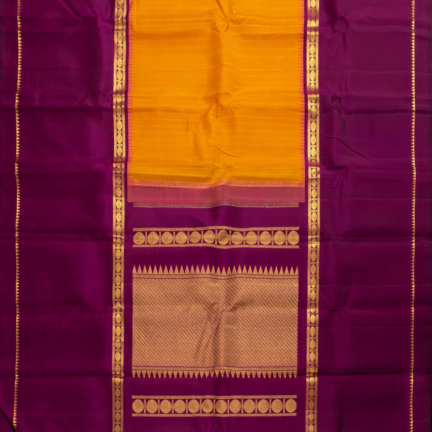 Mustard Yellow And Magenta Kanchipuram Silk Saree For Festive Wear PV J 1249