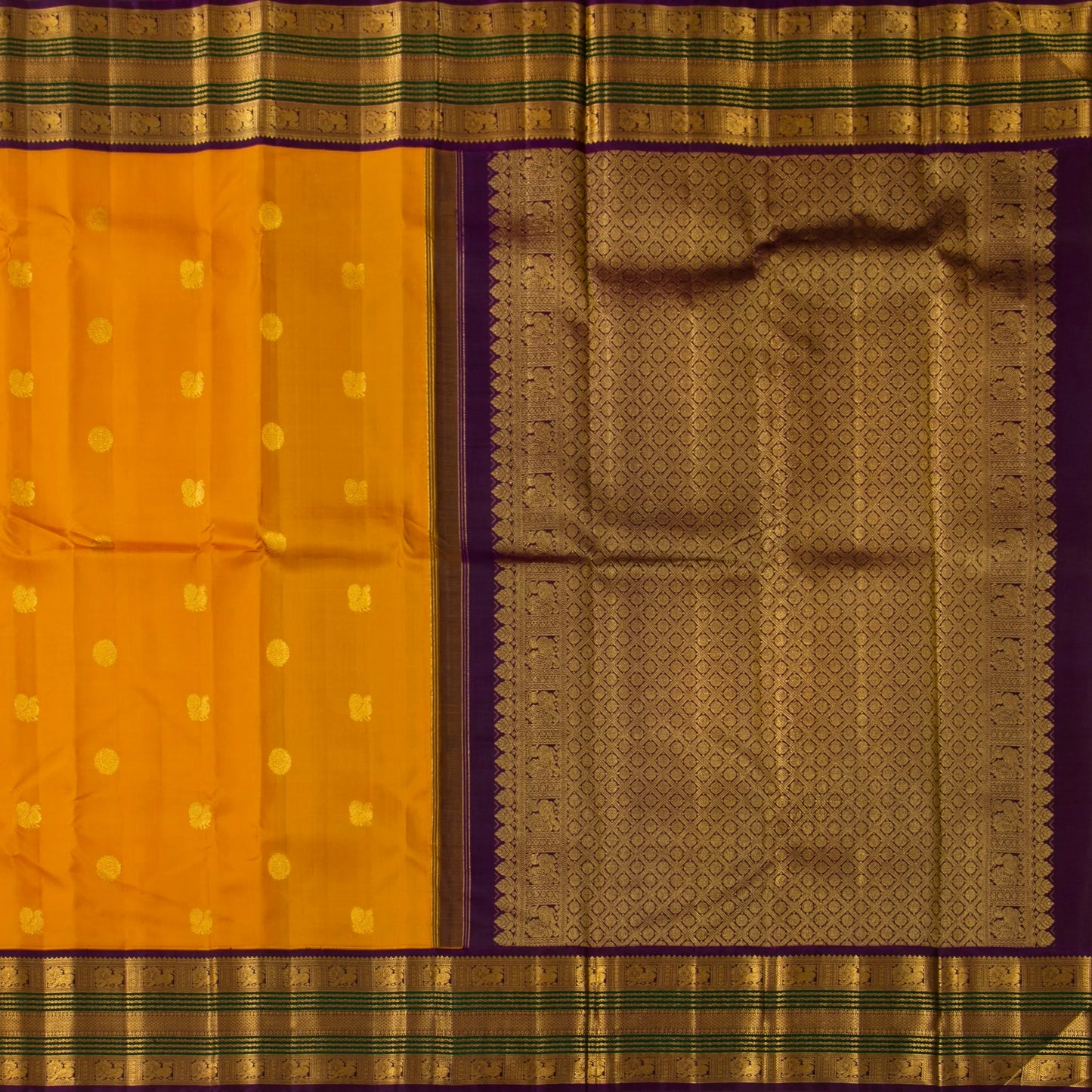 Yellow And Purple Kanchipuram Silk Saree For Festive Wear PV J 1780