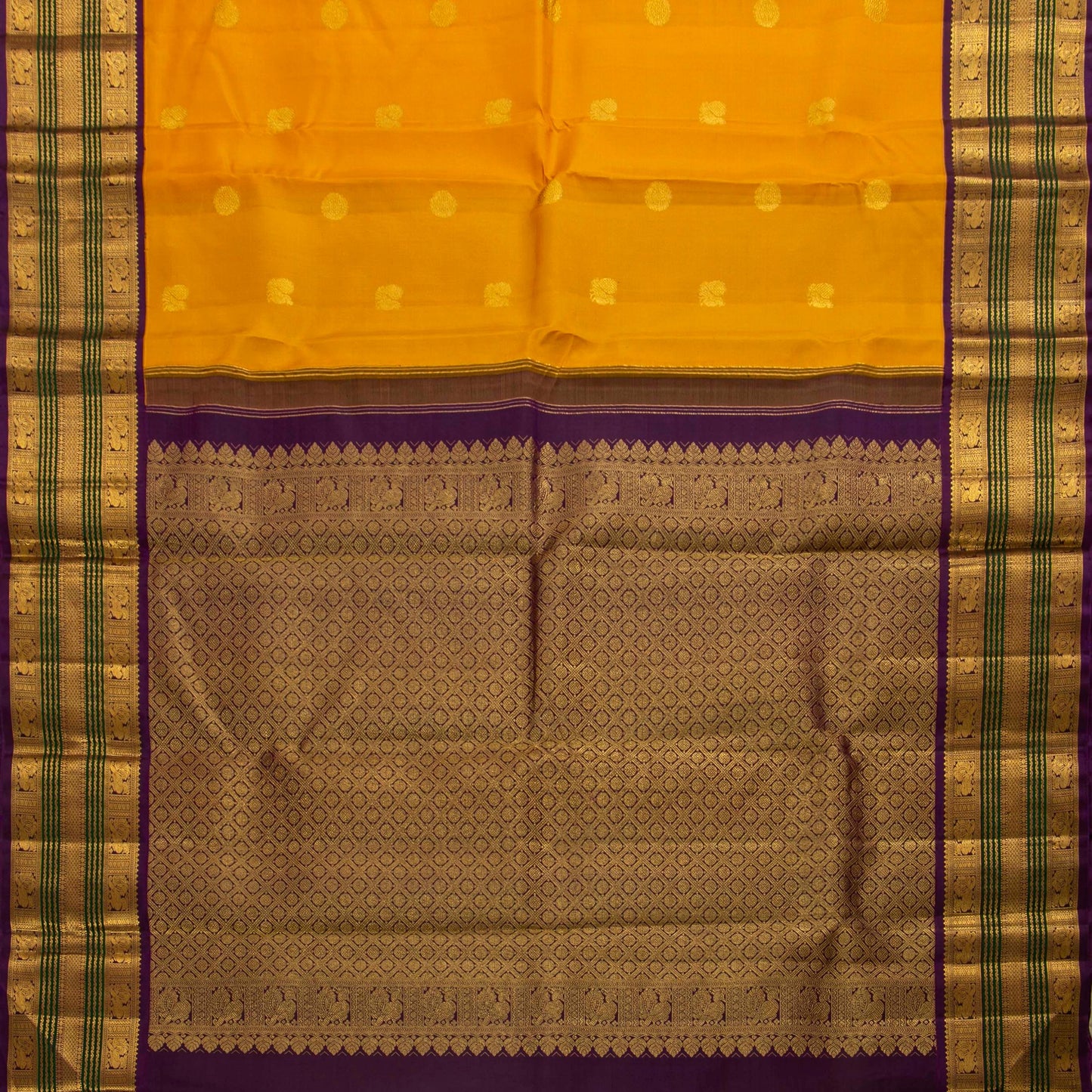 Yellow And Purple Kanchipuram Silk Saree For Festive Wear PV J 1780