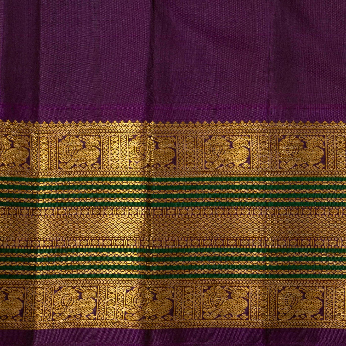 Yellow And Purple Kanchipuram Silk Saree For Festive Wear PV J 1780