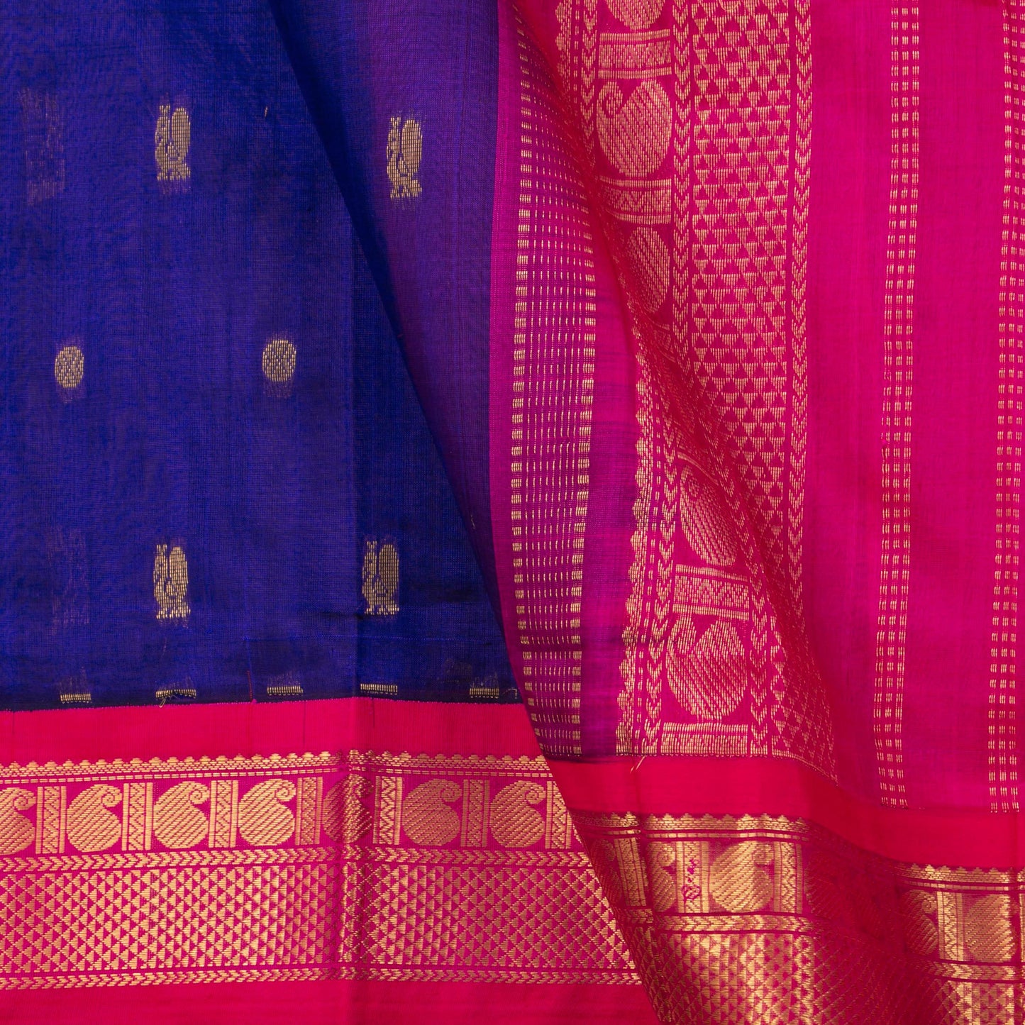 Blue And Pink Kanchi Silk Cotton Saree With Korvai Border For Festive Wear VP SC 163