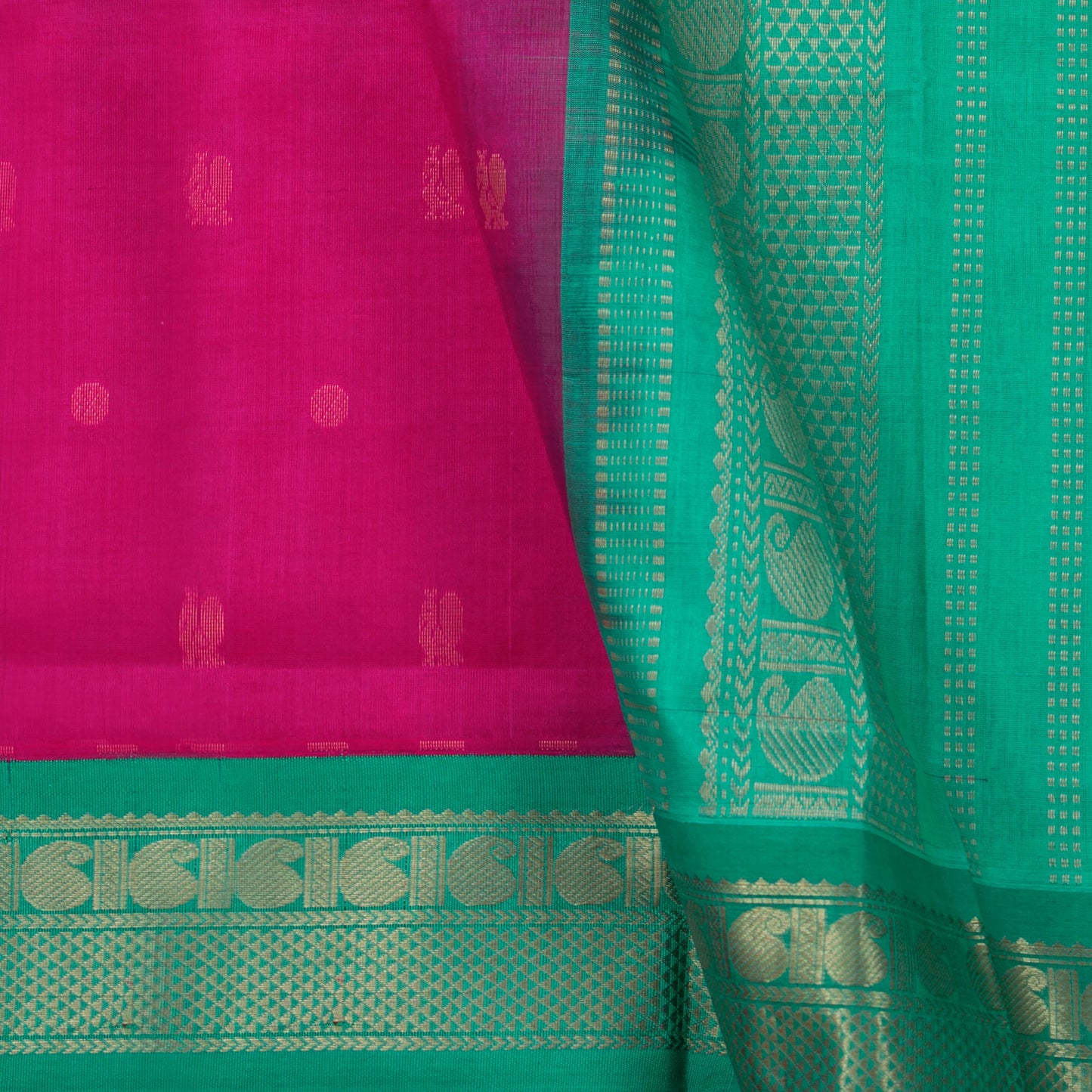 Magenta And Turquoise Green Kanchi Silk Cotton Saree With Annam Chakram Motifs For Festive Wear VP SC 160