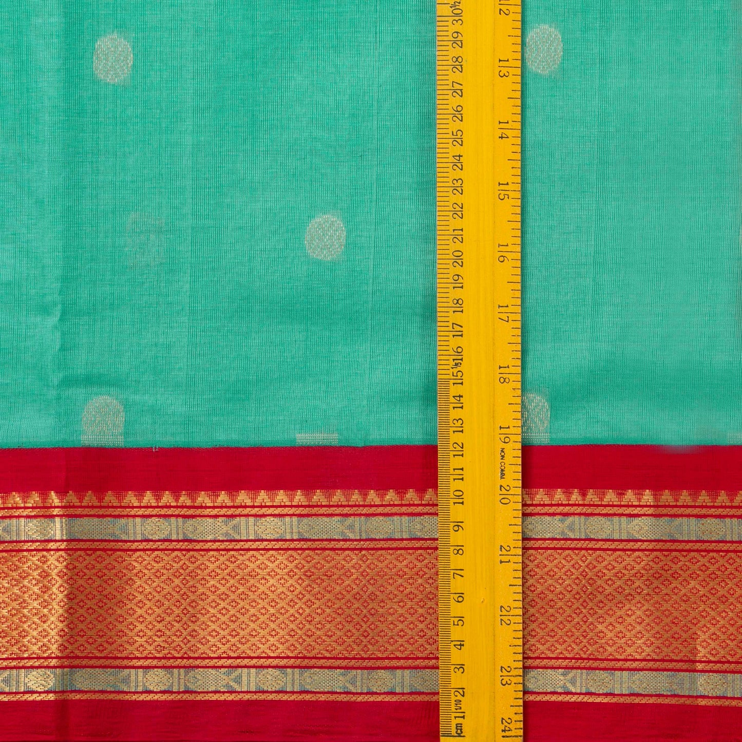 Teal And Red Kanchi Silk Cotton Saree With Rudraksha Motifs For Festive Wear VP SC 162