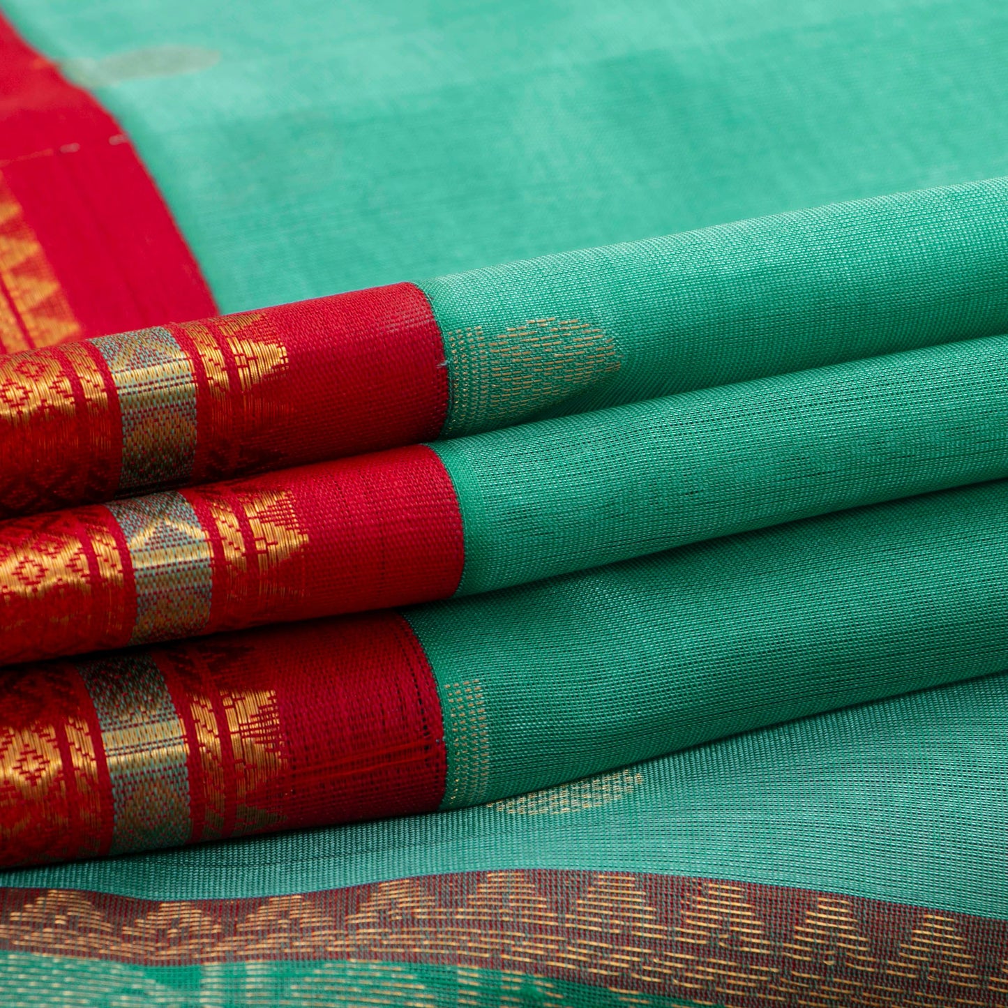 Teal And Red Kanchi Silk Cotton Saree With Rudraksha Motifs For Festive Wear VP SC 162