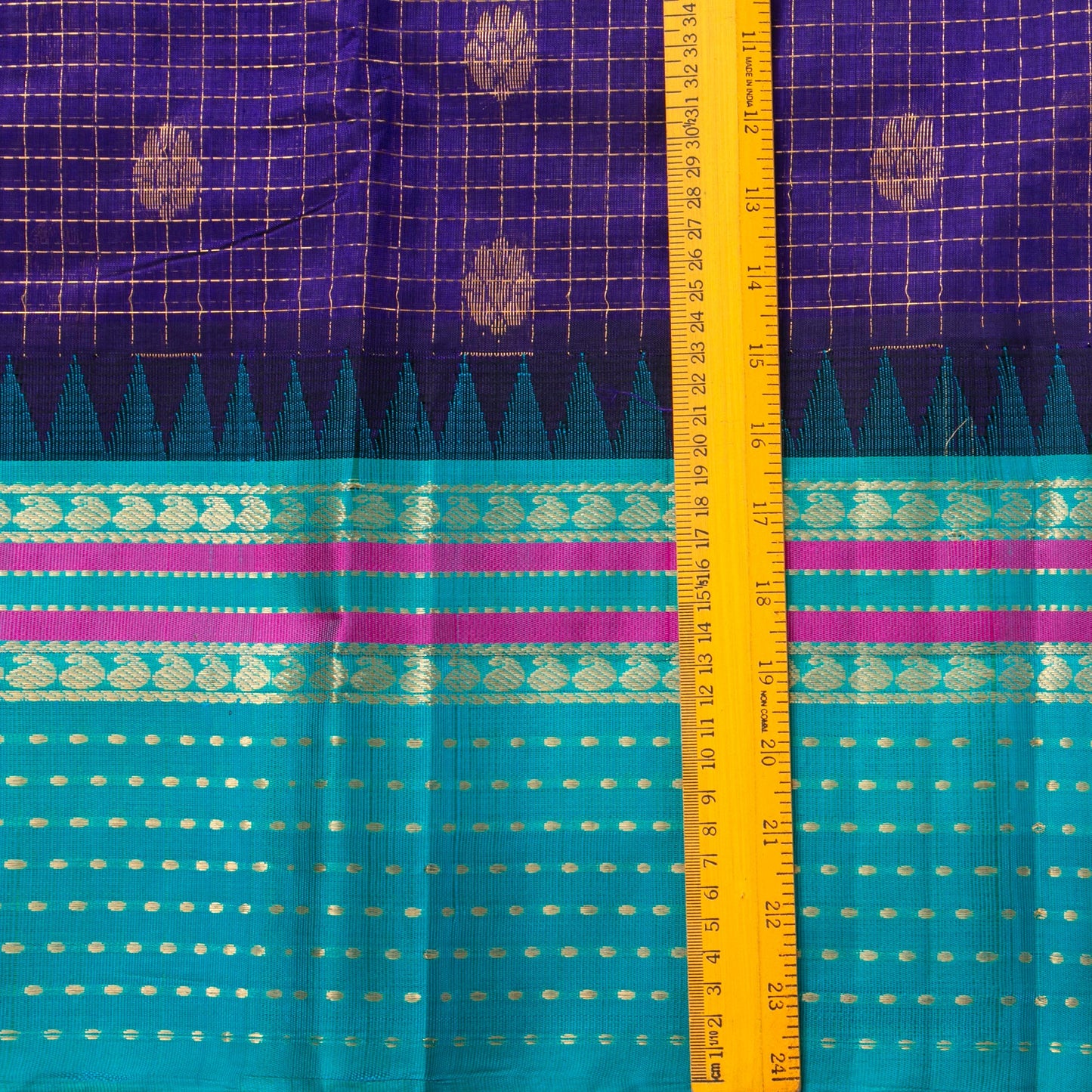 Violet And Cyan Kanchi Silk Cotton Saree With Zari Checks For Festive Wear VP SC 176