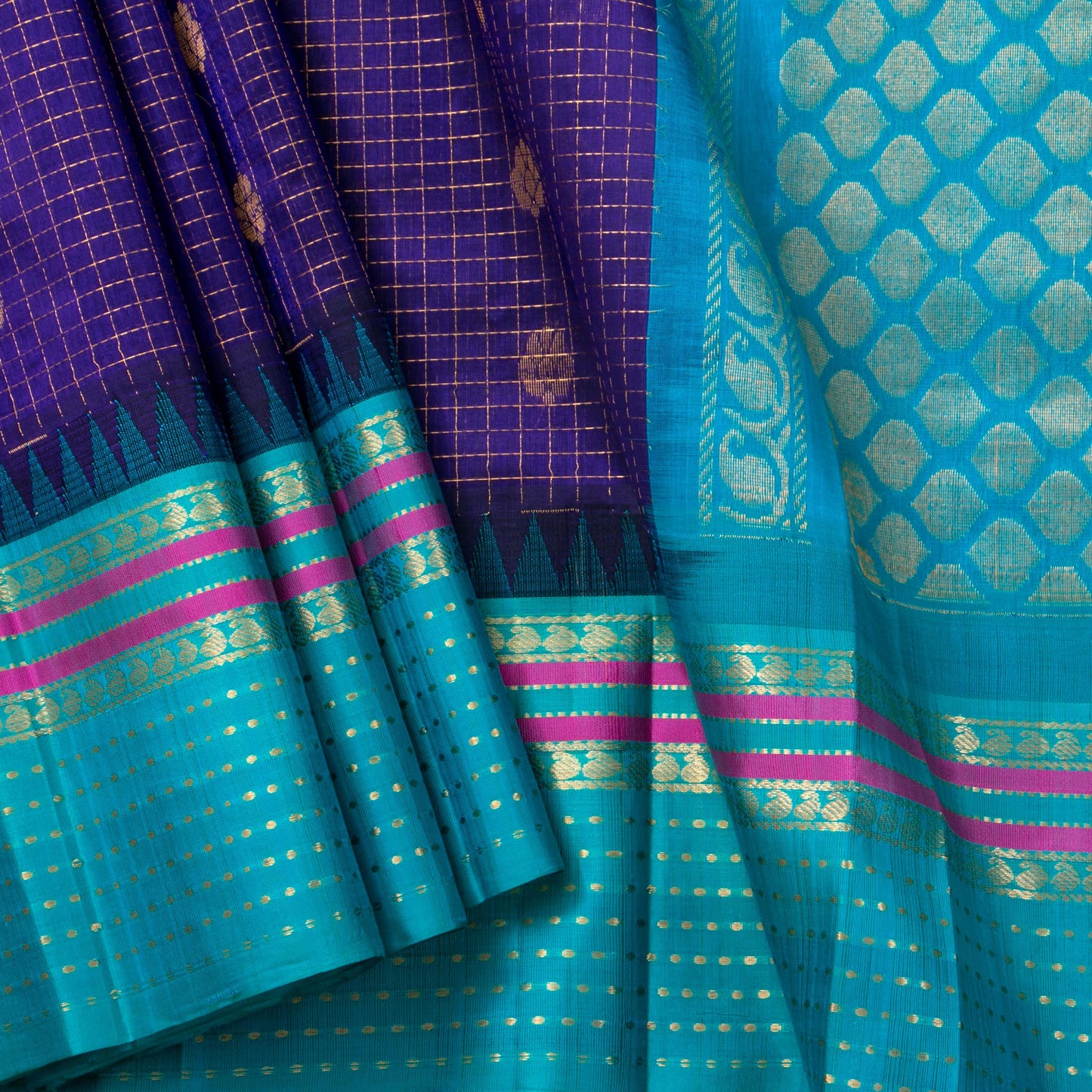 Violet And Cyan Kanchi Silk Cotton Saree With Zari Checks For Festive Wear VP SC 176