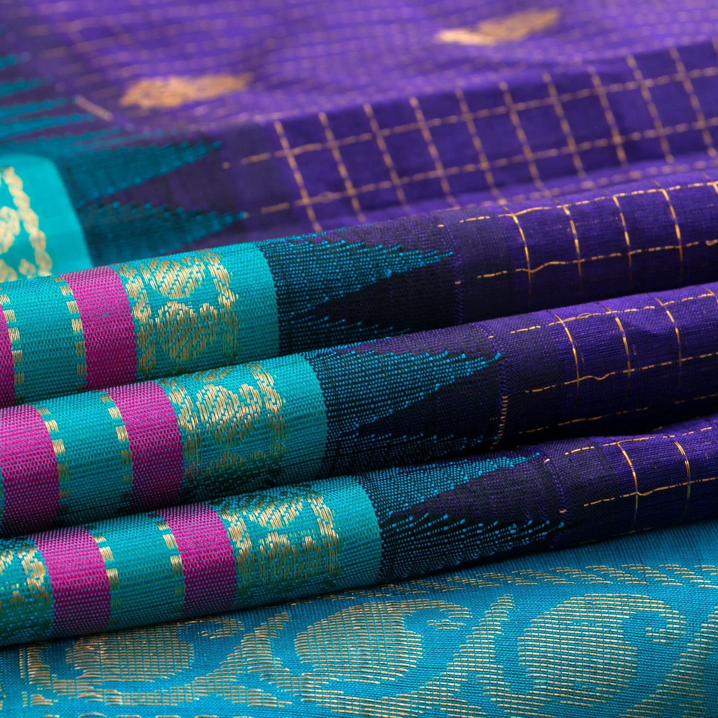 Violet And Cyan Kanchi Silk Cotton Saree With Zari Checks For Festive Wear VP SC 176