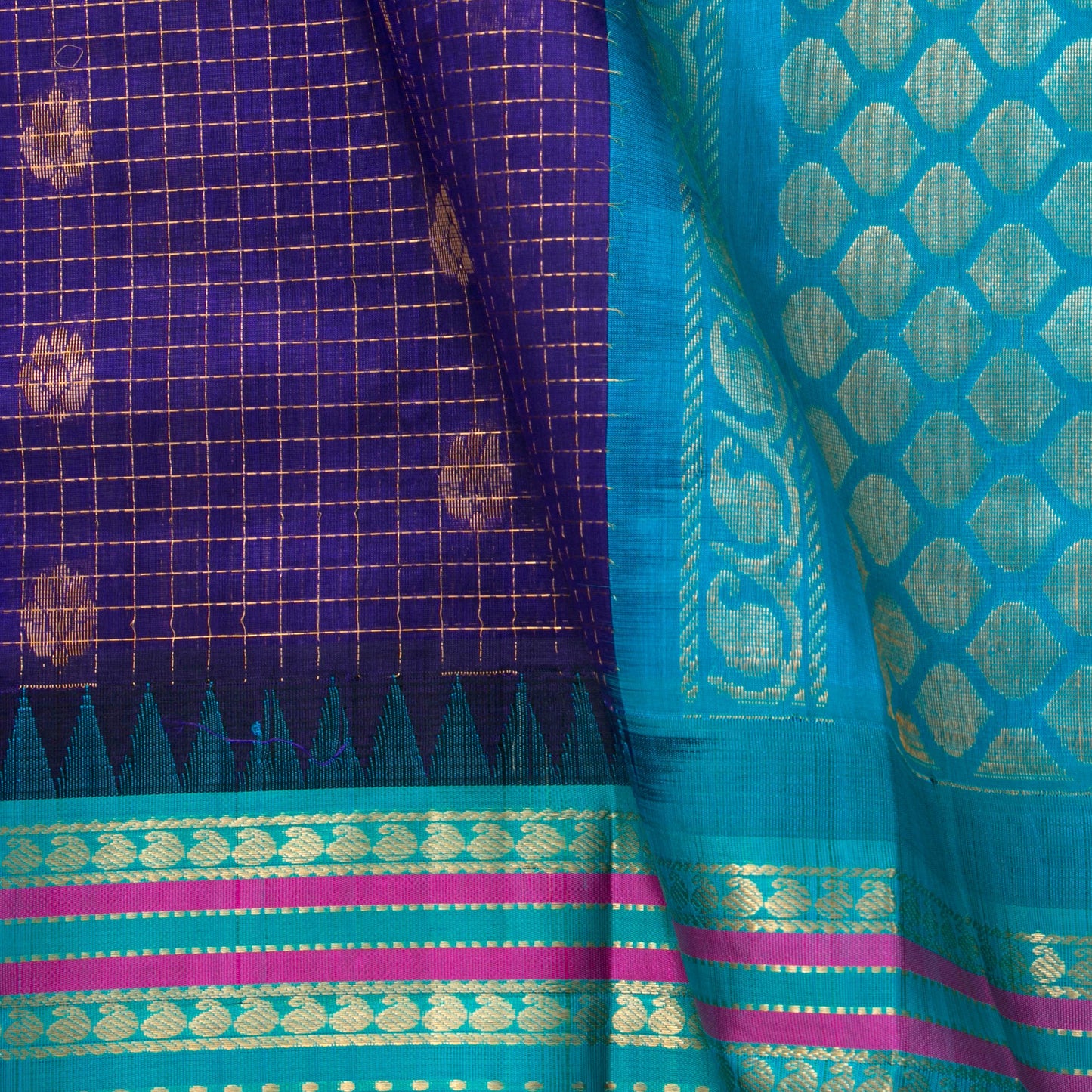 Violet And Cyan Kanchi Silk Cotton Saree With Zari Checks For Festive Wear VP SC 176