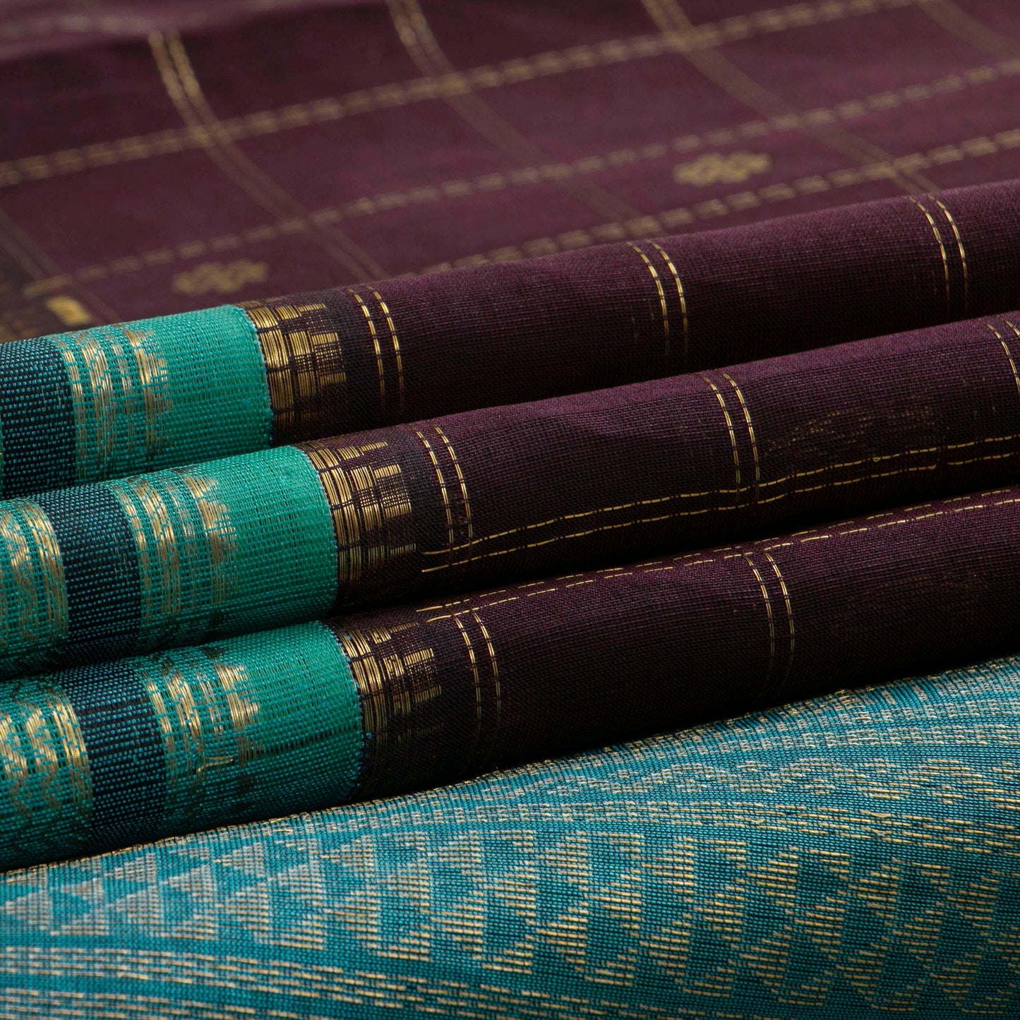 Purple And Teal Kanchi Silk Cotton Saree With Zari Checks For Festive Wear VP SC 174