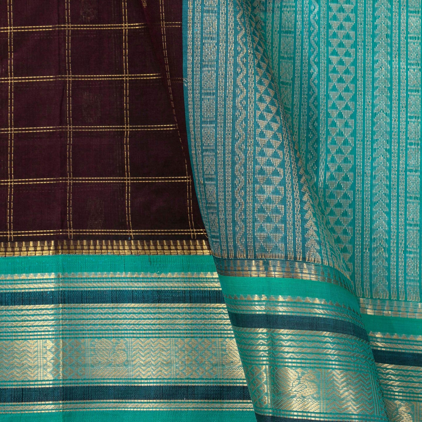 Purple And Teal Kanchi Silk Cotton Saree With Zari Checks For Festive Wear VP SC 174