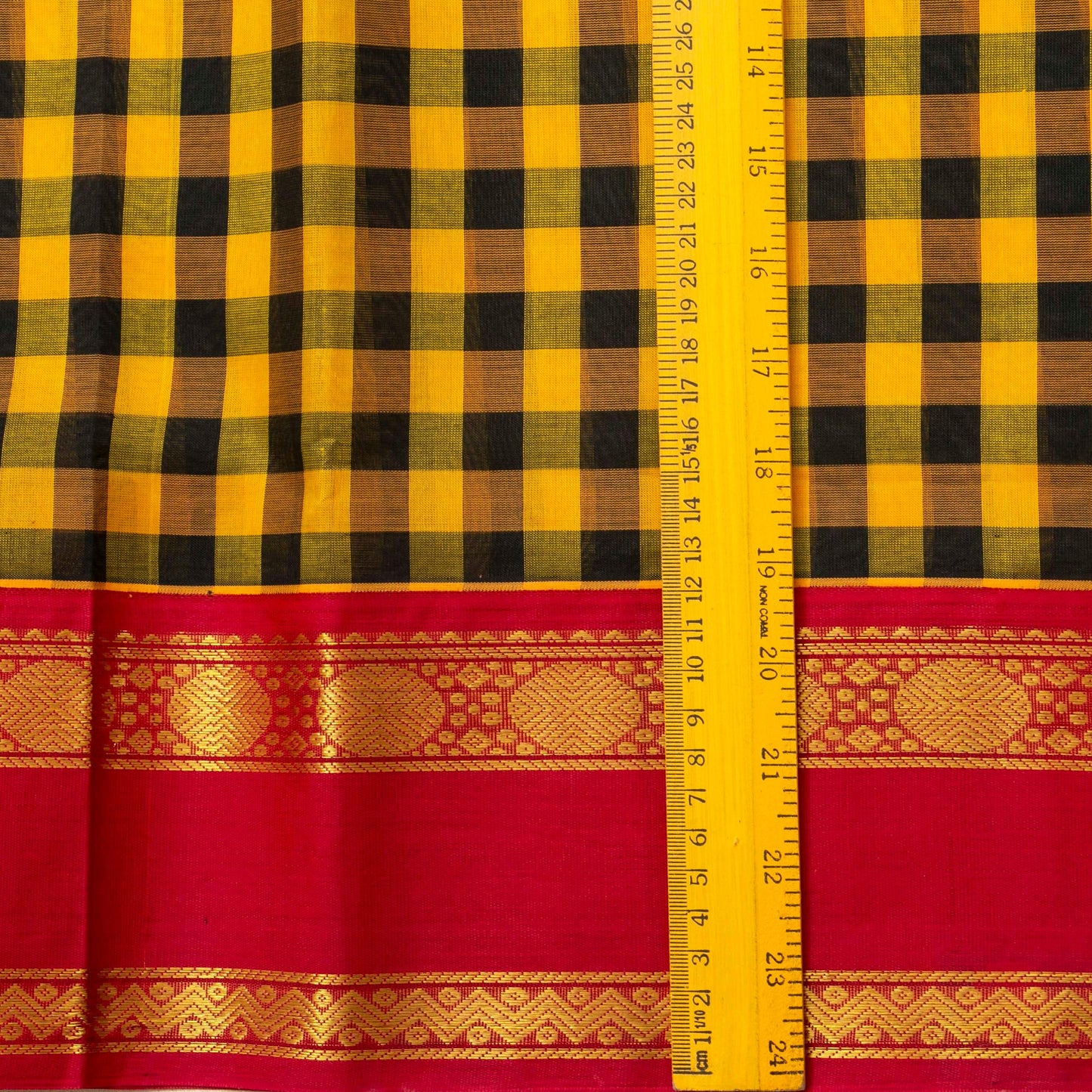 Yellow And Black Checked Kanchi Silk Cotton Saree With Red Korvai Border For Festive Wear VP SC 169