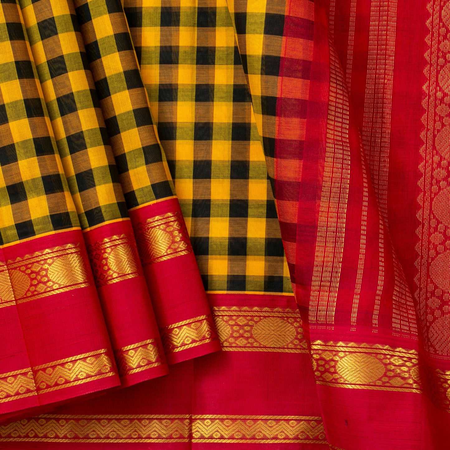 Yellow And Black Checked Kanchi Silk Cotton Saree With Red Korvai Border For Festive Wear VP SC 169
