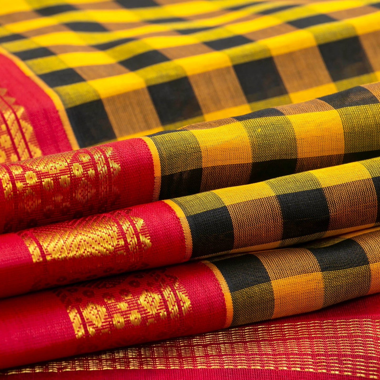 Yellow And Black Checked Kanchi Silk Cotton Saree With Red Korvai Border For Festive Wear VP SC 169