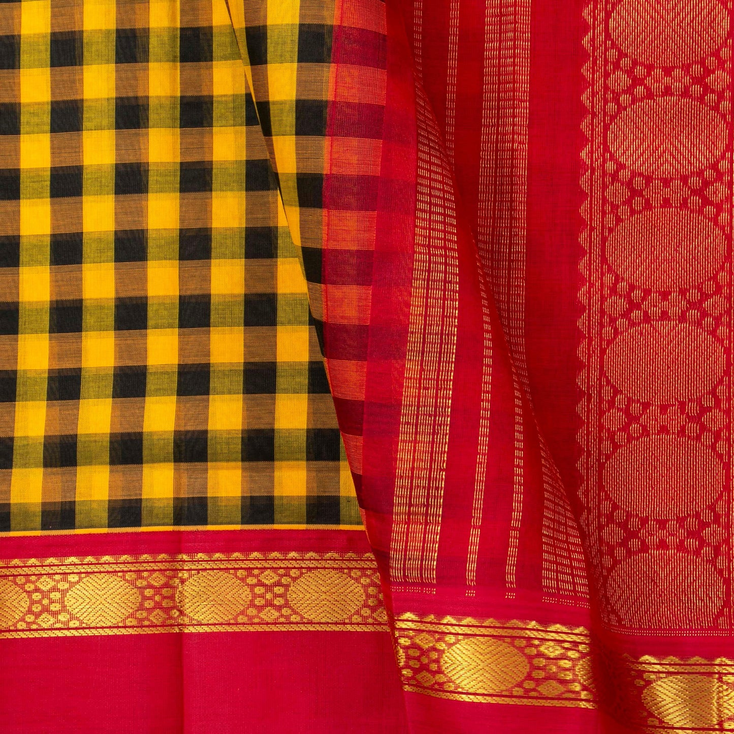 Yellow And Black Checked Kanchi Silk Cotton Saree With Red Korvai Border For Festive Wear VP SC 169