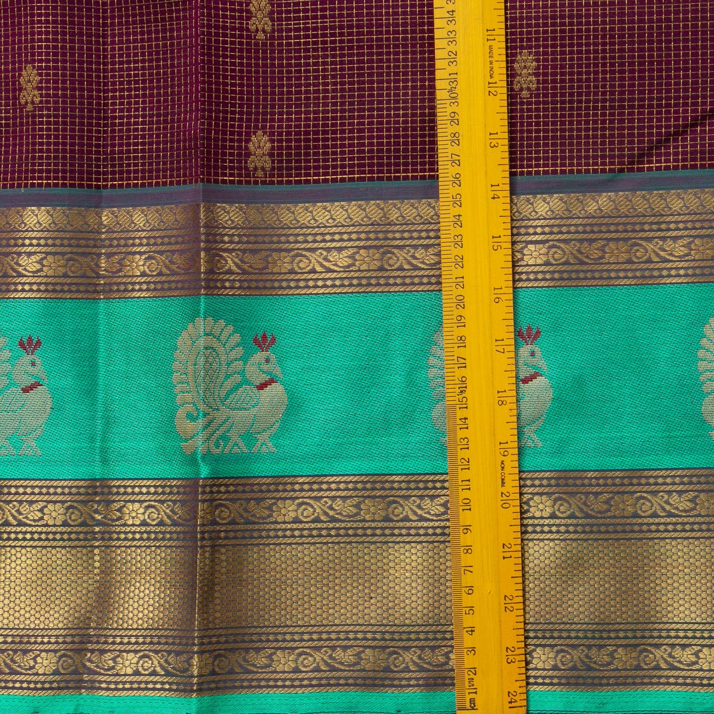 Deep Purple And Cyan Kanchi Silk Cotton Saree With Zari Checks For Festive Wear VP SC 129