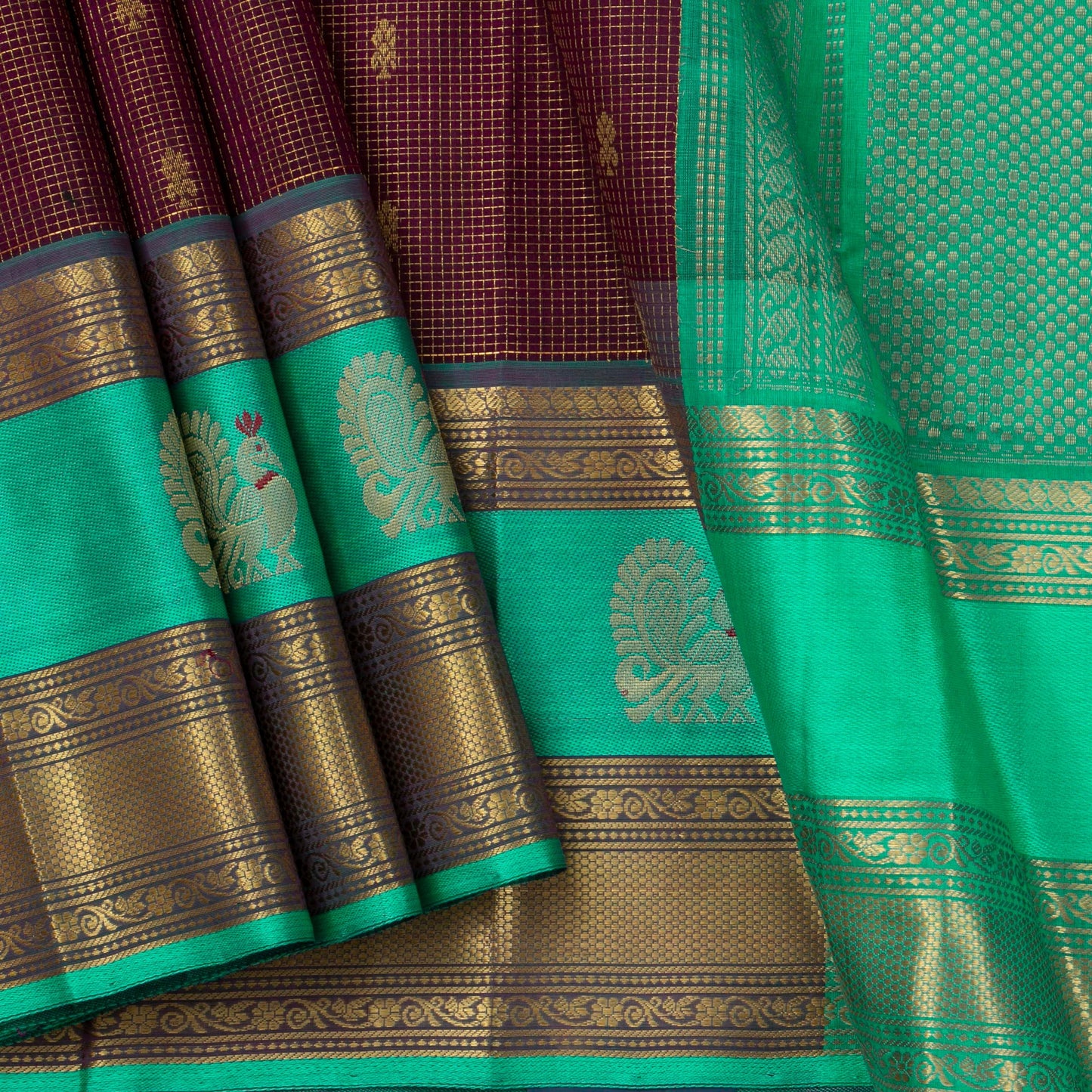 Deep Purple And Cyan Kanchi Silk Cotton Saree With Zari Checks For Festive Wear VP SC 129