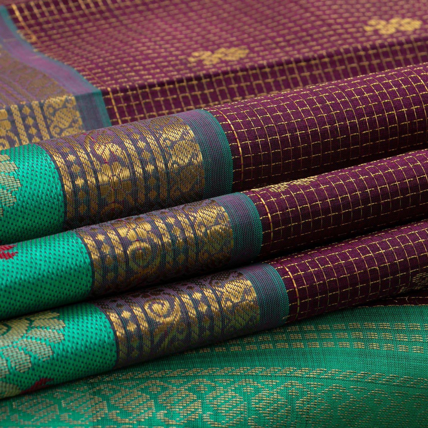 Deep Purple And Cyan Kanchi Silk Cotton Saree With Zari Checks For Festive Wear VP SC 129