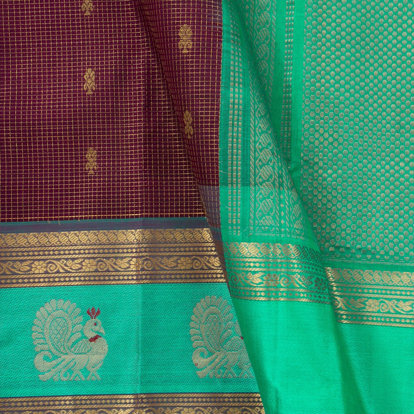 Deep Purple And Cyan Kanchi Silk Cotton Saree With Zari Checks For Festive Wear VP SC 129