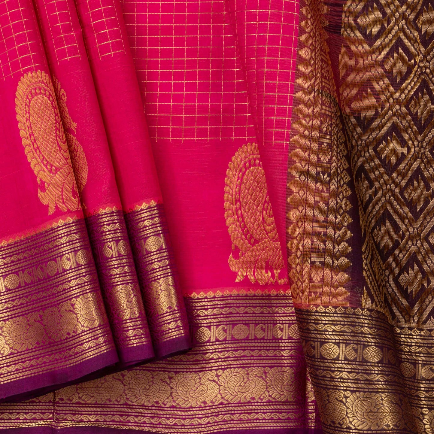 Pink And Brown Kanchi Silk Cotton Saree With Zari Checks For Festive Wear VP SC 124
