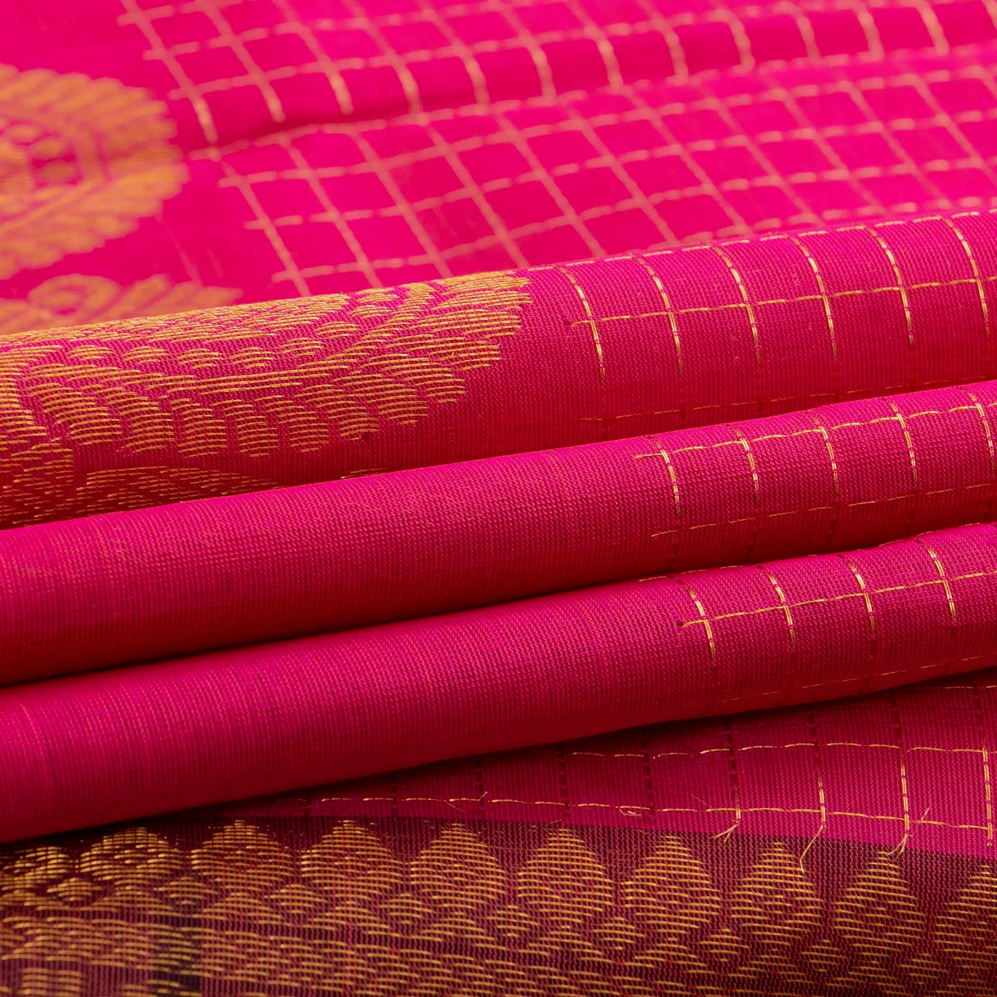 Pink And Brown Kanchi Silk Cotton Saree With Zari Checks For Festive Wear VP SC 124