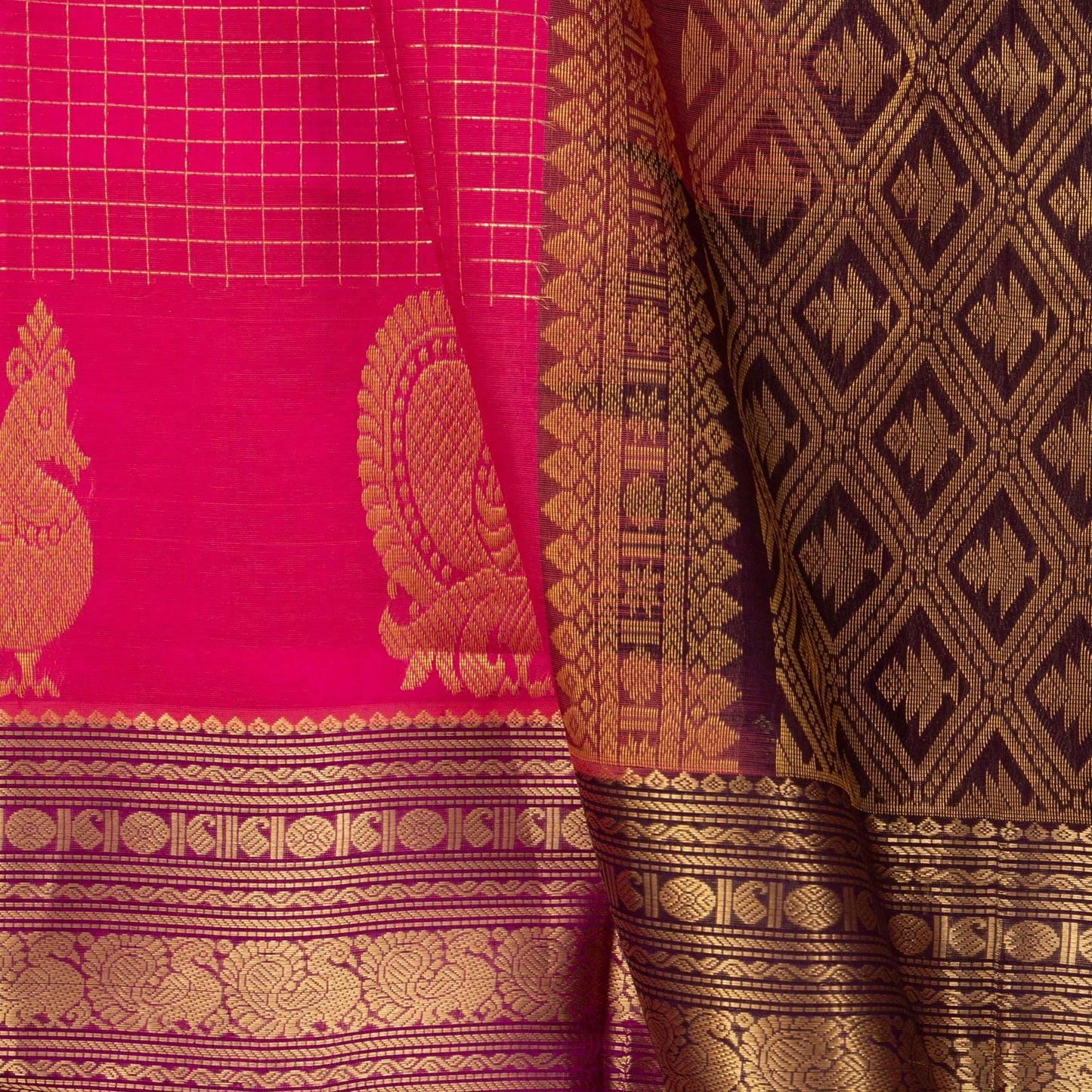 Pink And Brown Kanchi Silk Cotton Saree With Zari Checks For Festive Wear VP SC 124