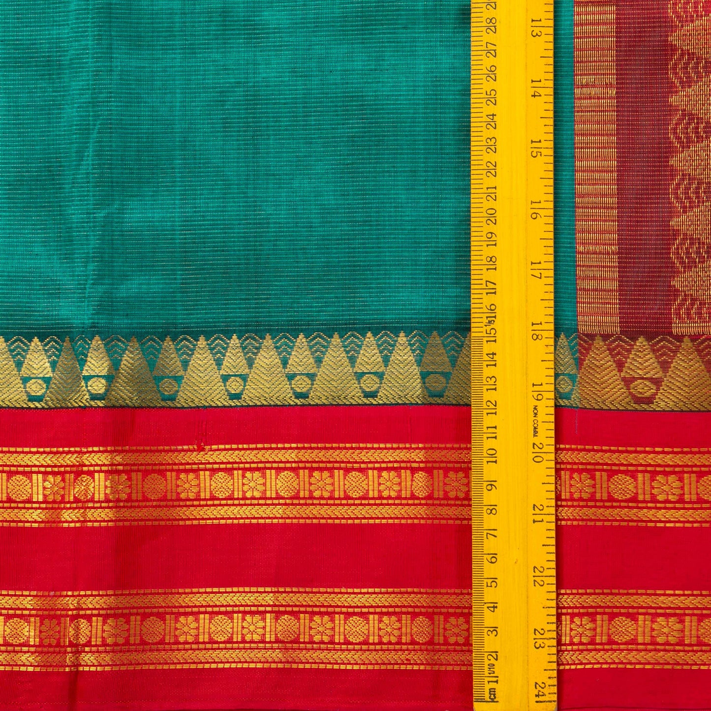 Teal And Red Kanchi Silk Cotton Saree With Vaira Oosi Zari Stripes For Festive Wear VP SC 130