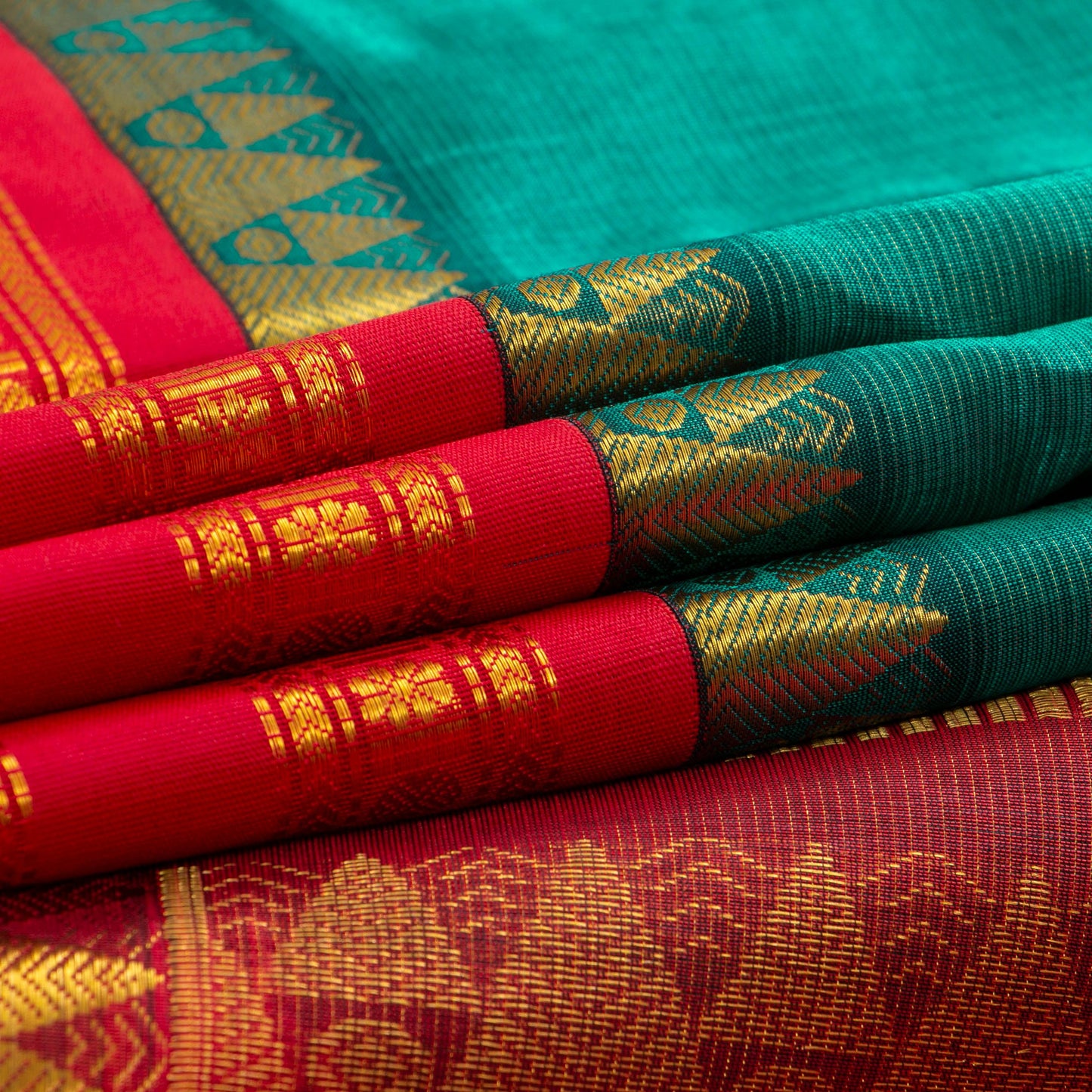 Teal And Red Kanchi Silk Cotton Saree With Vaira Oosi Zari Stripes For Festive Wear VP SC 130