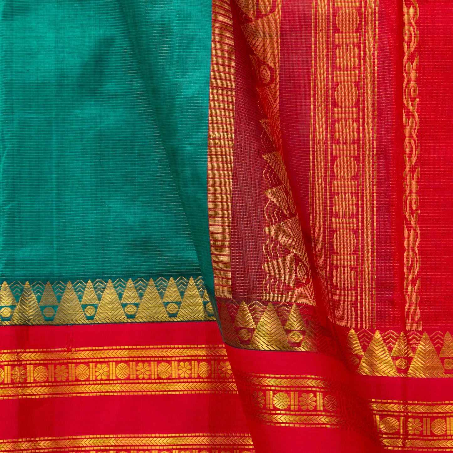 Teal And Red Kanchi Silk Cotton Saree With Vaira Oosi Zari Stripes For Festive Wear VP SC 130