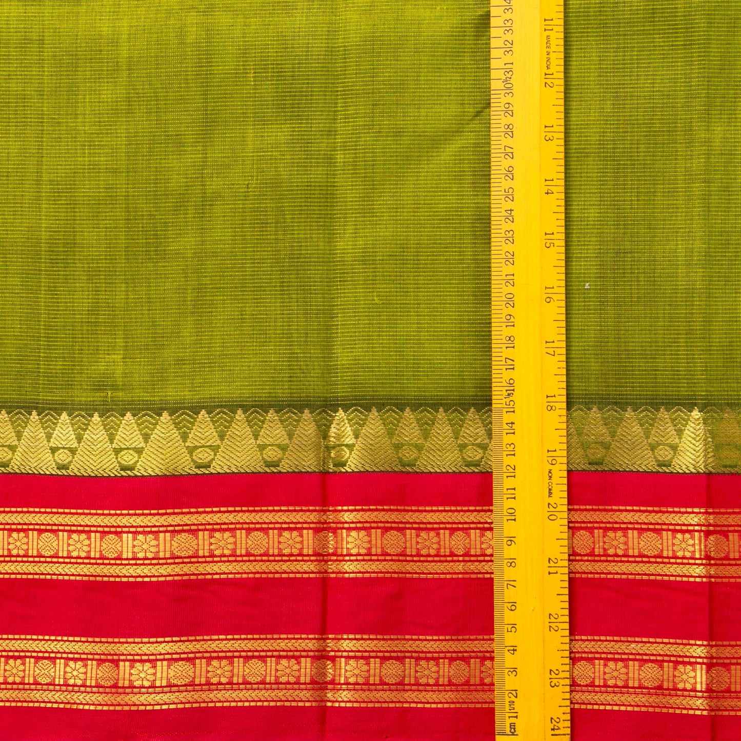 Light Green And Red Kanchi Silk Cotton Saree With Vaira Oosi Stripes And Korvai Border For Festive Wear VP SC 131