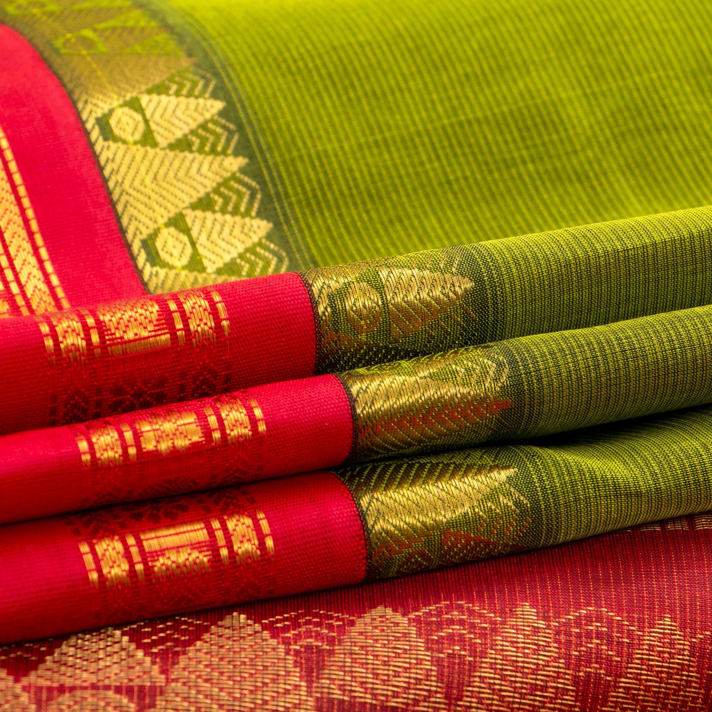 Light Green And Red Kanchi Silk Cotton Saree With Vaira Oosi Stripes And Korvai Border For Festive Wear VP SC 131