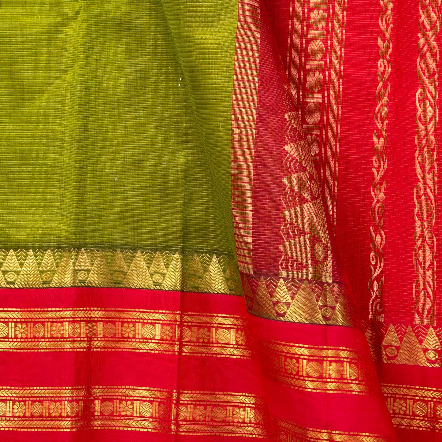 Light Green And Red Kanchi Silk Cotton Saree With Vaira Oosi Stripes And Korvai Border For Festive Wear VP SC 131