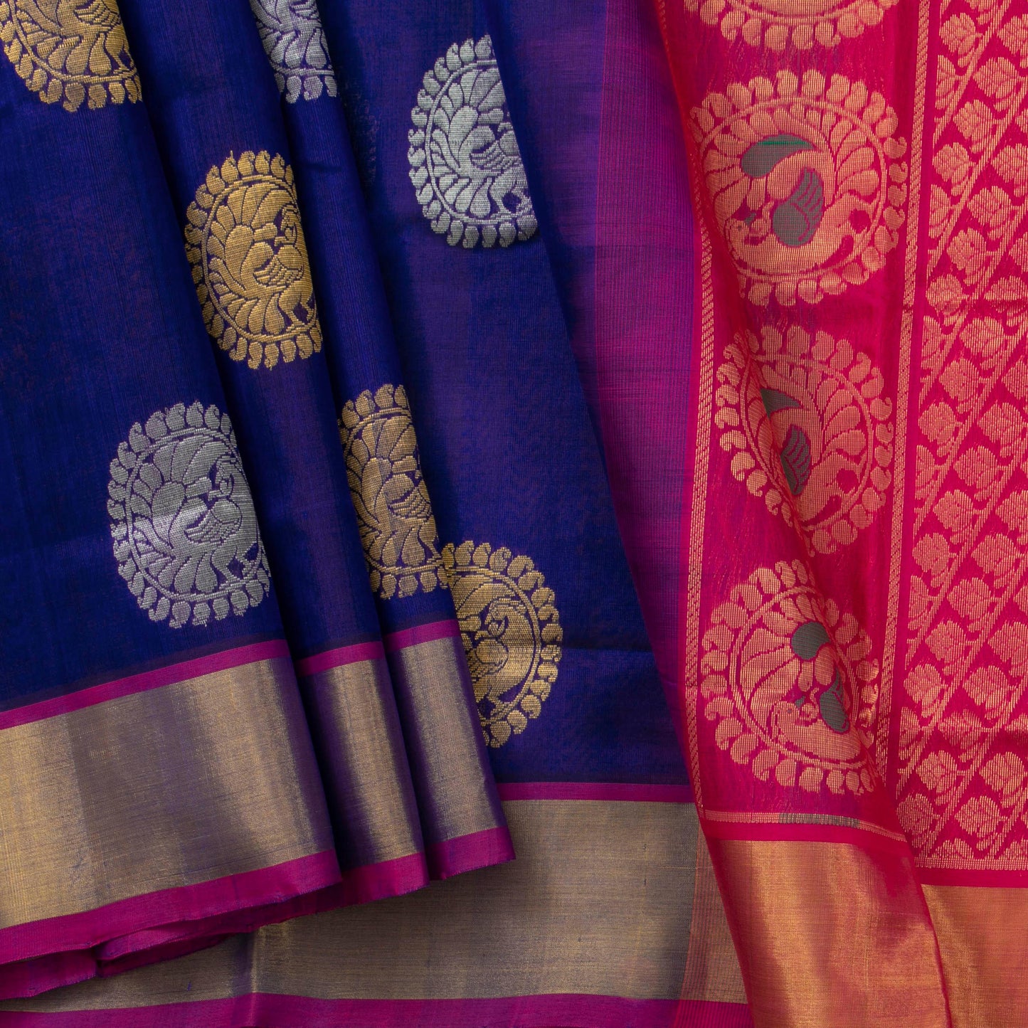 Blue And Pink Kanchi Silk Cotton Saree With Antique Zari For Festive Wear VP SC 123